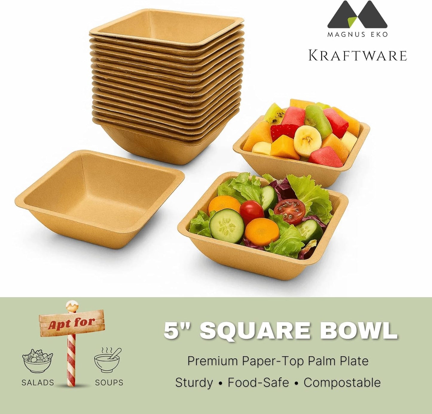 Palmkraft | 5" Square Dessert Bowl (50 Pcs), 10(oz) Disposable Sturdy Bowl Bamboo Like Party Pack, Compostable & Biodegradable Bowls for Desserts, Eco Friendly Alternative to Plastic