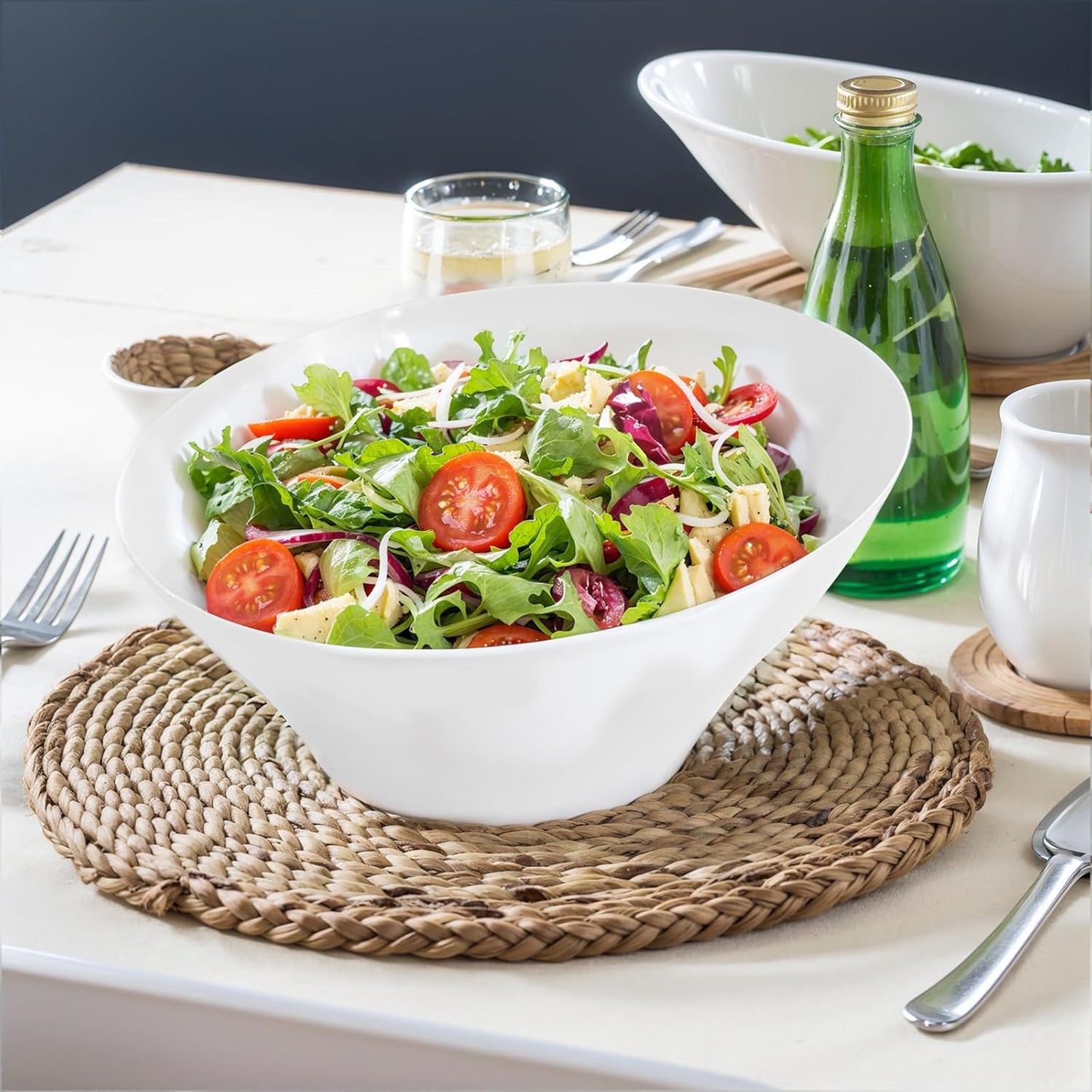 bUCLA 12 Pack White Plastic Serving Bowls - 20 OZ Angled Party Table Salad and Fruit Bowls Disposable for Chip&Candy, Ideal for Wedding