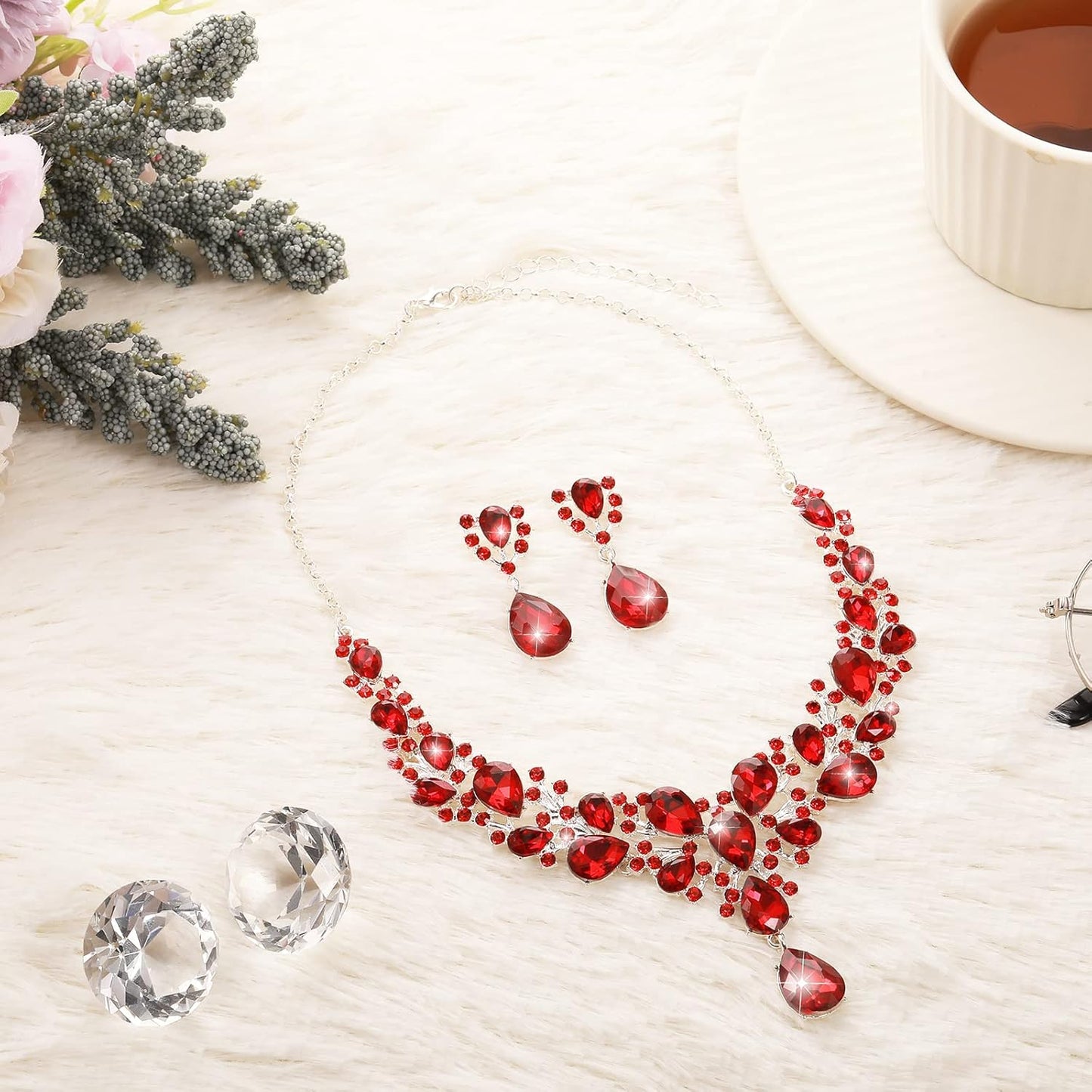 Hicarer Bridal Teardrop Cluster Crystal Jewelry Set for Women Necklace Earrings Wedding