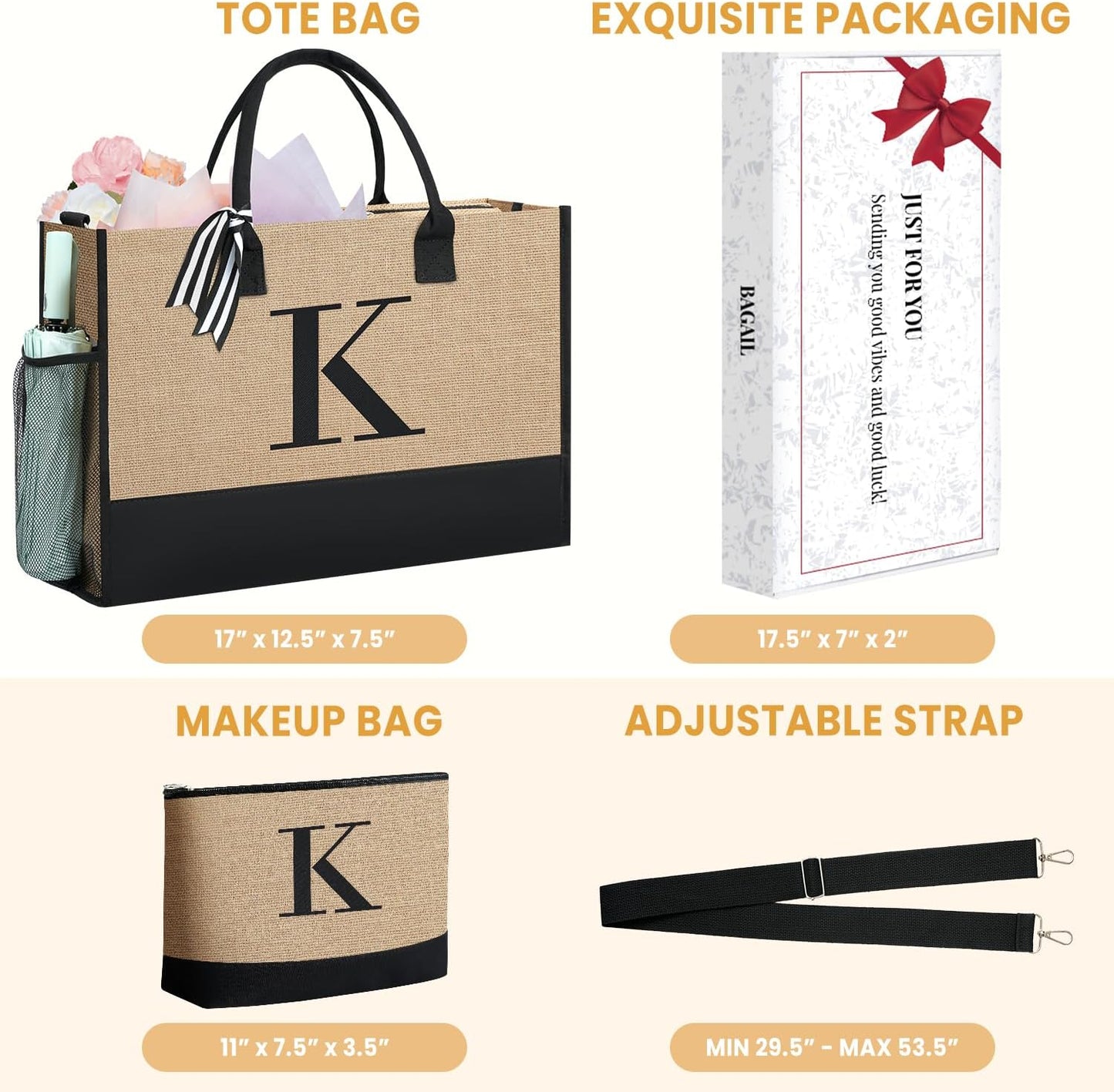 BAGAIL Initial Tote Bag, Personalized Birthday Gifts for Women, Teacher, Friends, Mom, Wedding, Monogrammed Beach Bag