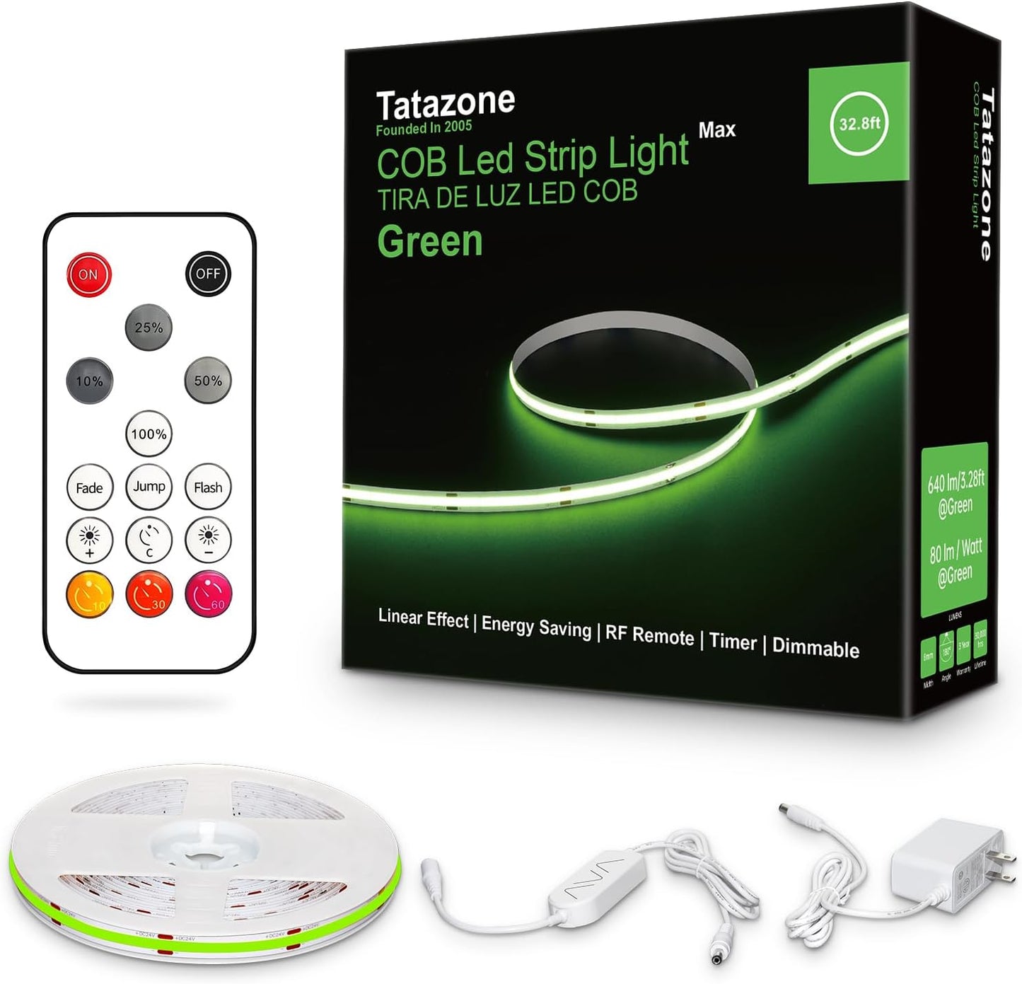 32.8ft Green COB Led Strip Lights with RF Remote, Dotless, Indoor, Dimmable, Adhesive Led COB Light Strip for Cabinet, Room, Bed, Paintings