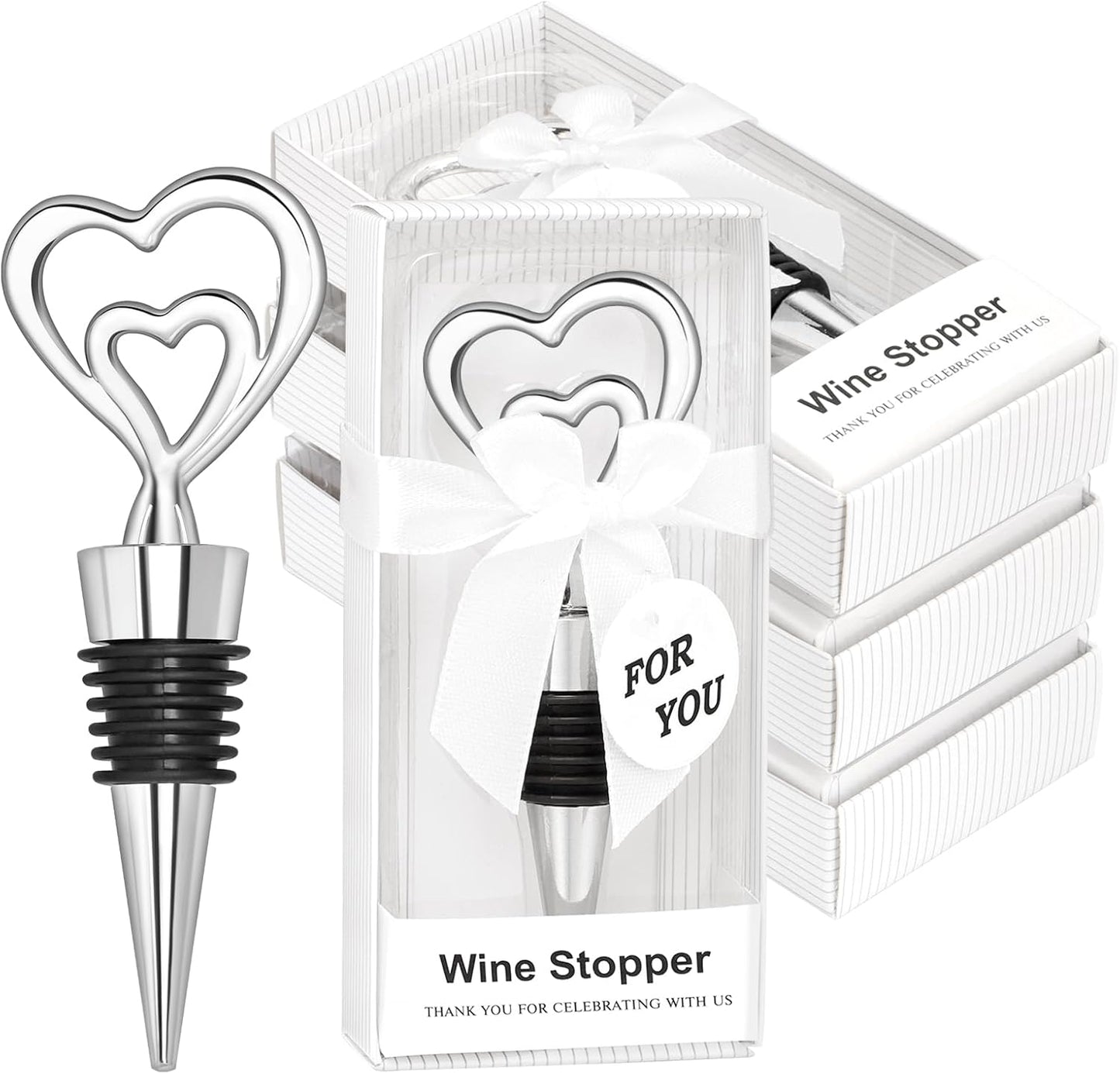 30PCS Double Heart Wine Stoppers for Wedding Favors Bridal Shower Heart Design Party Gifts for Guests Souvenir Decorations with Individual Package