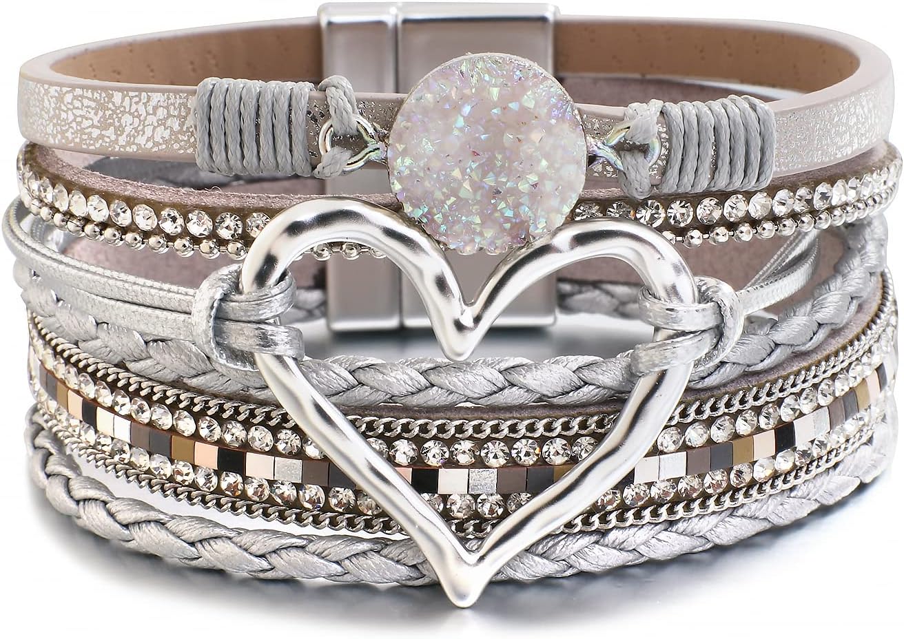 Leather Wrap Bracelet for Women Beaded Cuff Bracelet with Heart-shape Decor Bohemian Crystal Bracelet Jewelry with Clasp Bangle Bracelet for Women Girls Birthday Holiday Gift