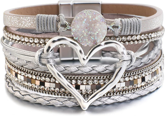 Leather Wrap Bracelet for Women Beaded Cuff Bracelet with Heart-shape Decor Bohemian Crystal Bracelet Jewelry with Clasp Bangle Bracelet for Women Girls Birthday Holiday Gift