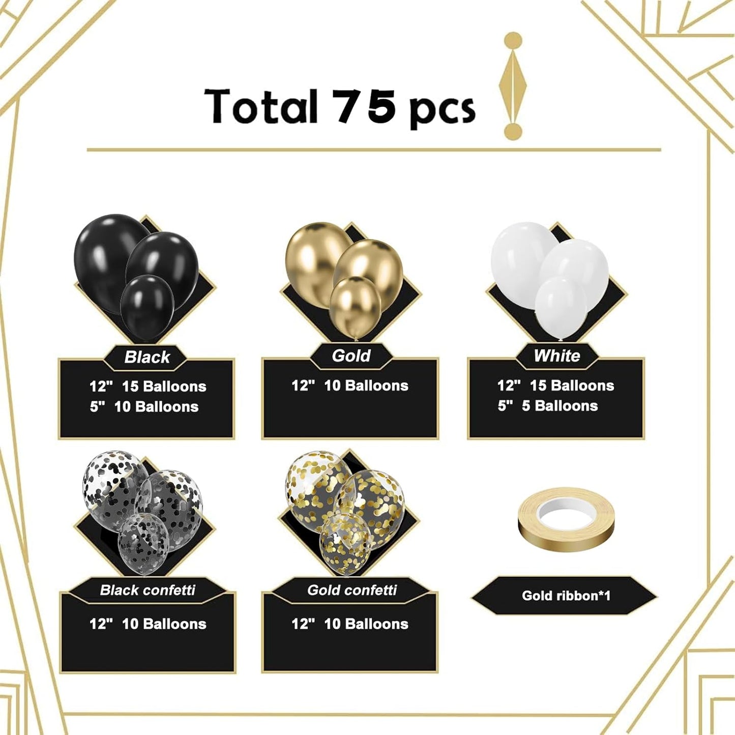 Black White and Gold Balloons,75Pcs Black and Gold Party Balloons,12in and 5in Black White Gold Confetti Party Balloons for Birthday,New Year,Wedding Decorations