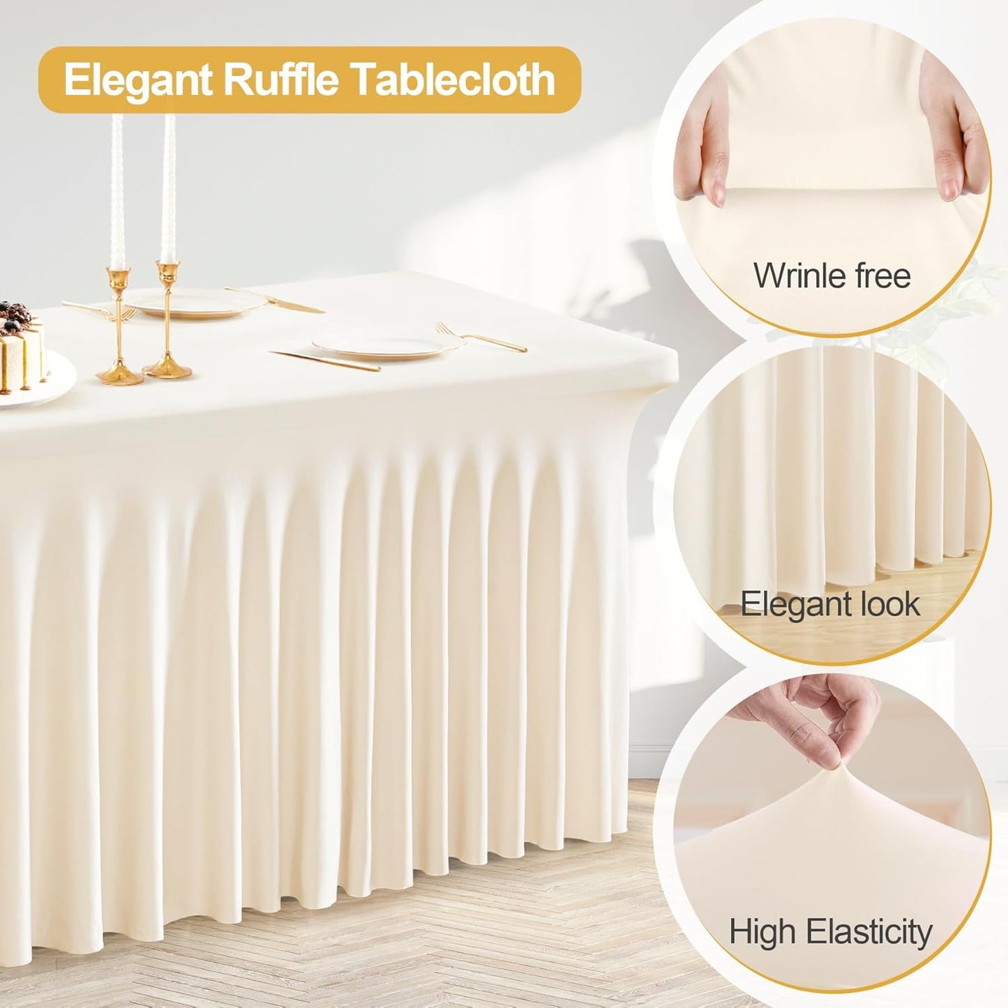 PARTISKY Ivory Spandex Tablecloth for 4ft Rectangle Tables, Stretchable Table Cover Skirt for Folding Tables Weddings Parties Banquets Events Trade Shows and Dessert Table