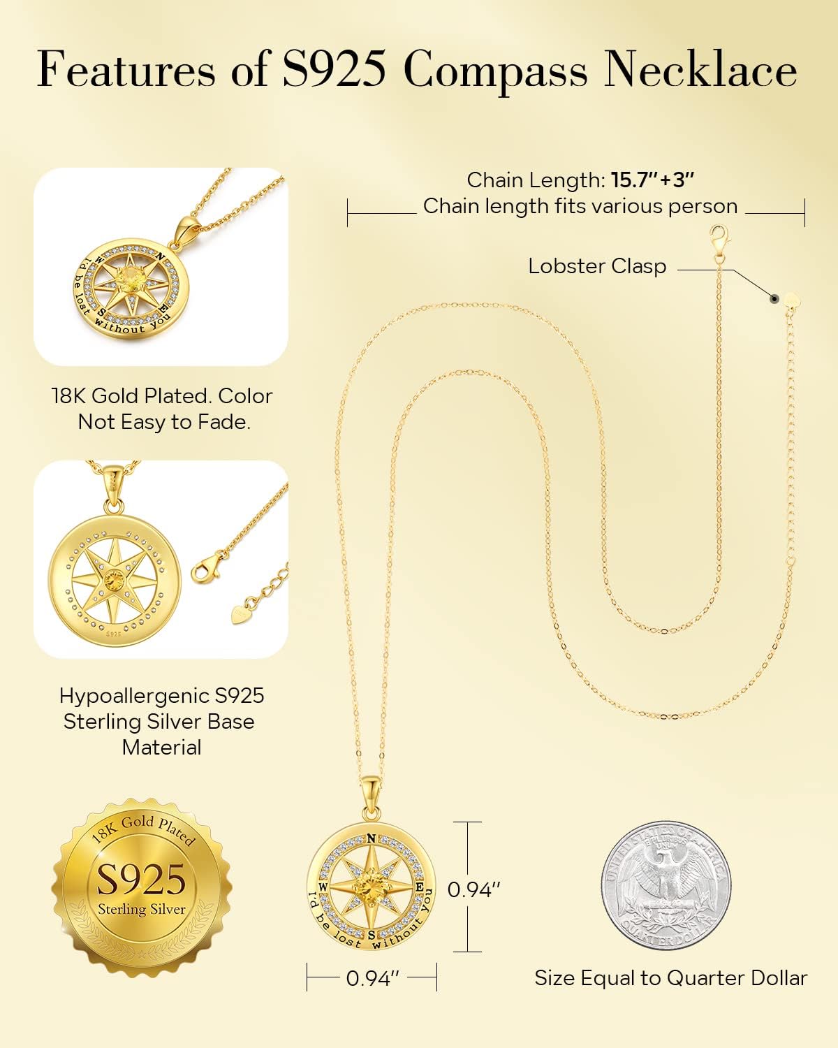 S925 Necklace Gift for Wife |Compass Jewelry |Women Anniversary |Sterling Silver |Girlfriend Birthday Gifts for Her Valentines |I'd be Lost without You |Jewel 18K Gold