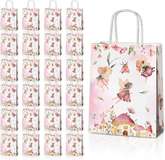 24 Pcs Fairy Party Favor Bags with Handles, Woodland Mushroom Goodie Gift Candy Treat Paper Bags for Kids Girls Baby Shower Birthday Party