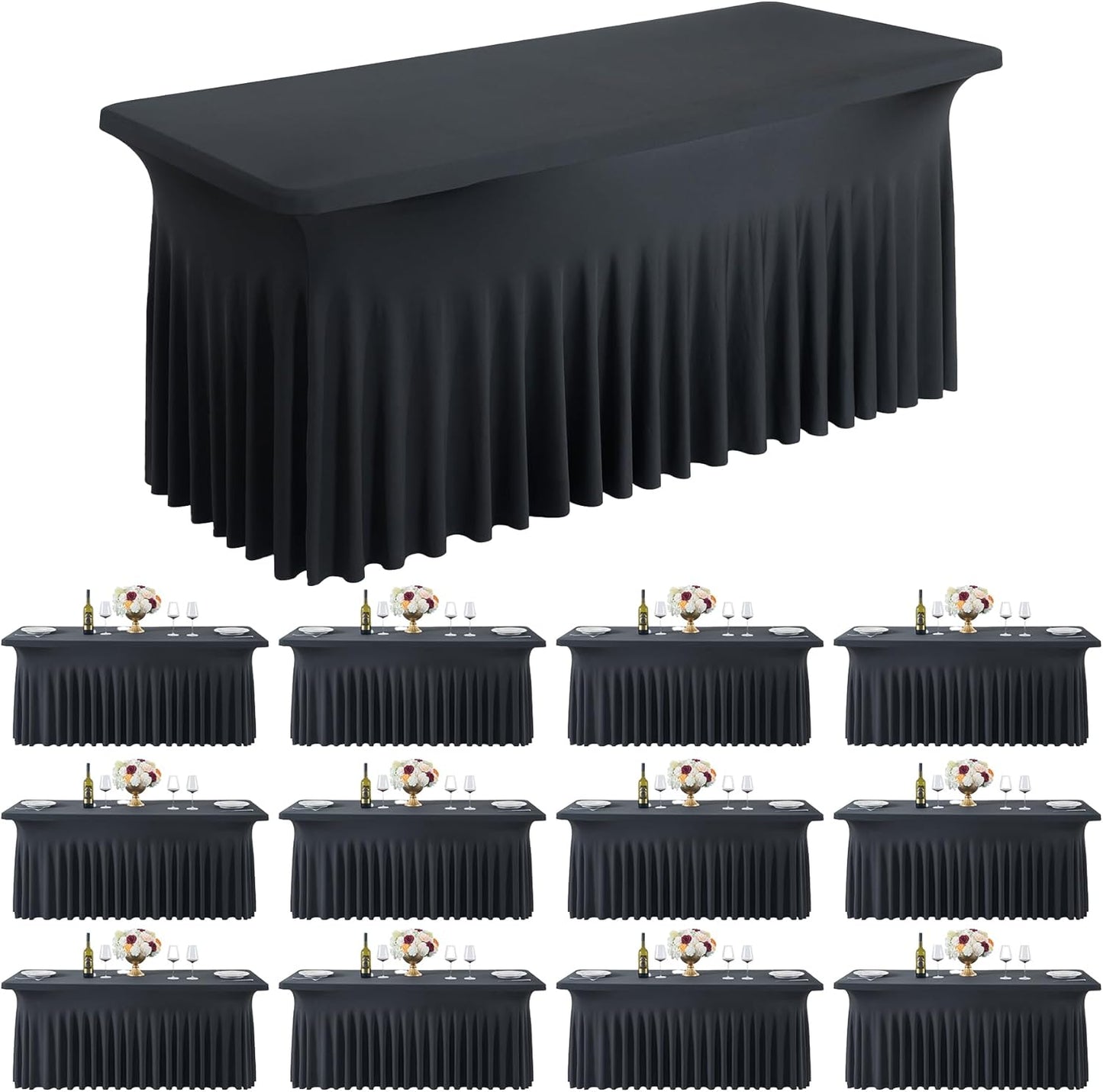 Outpain Black Spandex Table Clothes for 6 Foot Rectangle Tables-12Pack 6FT Spandex Fitted Table Cover, Wrinkle Free Tablecloths with Skirt for Parties, Wedding, Birthday, Banquet, Festival