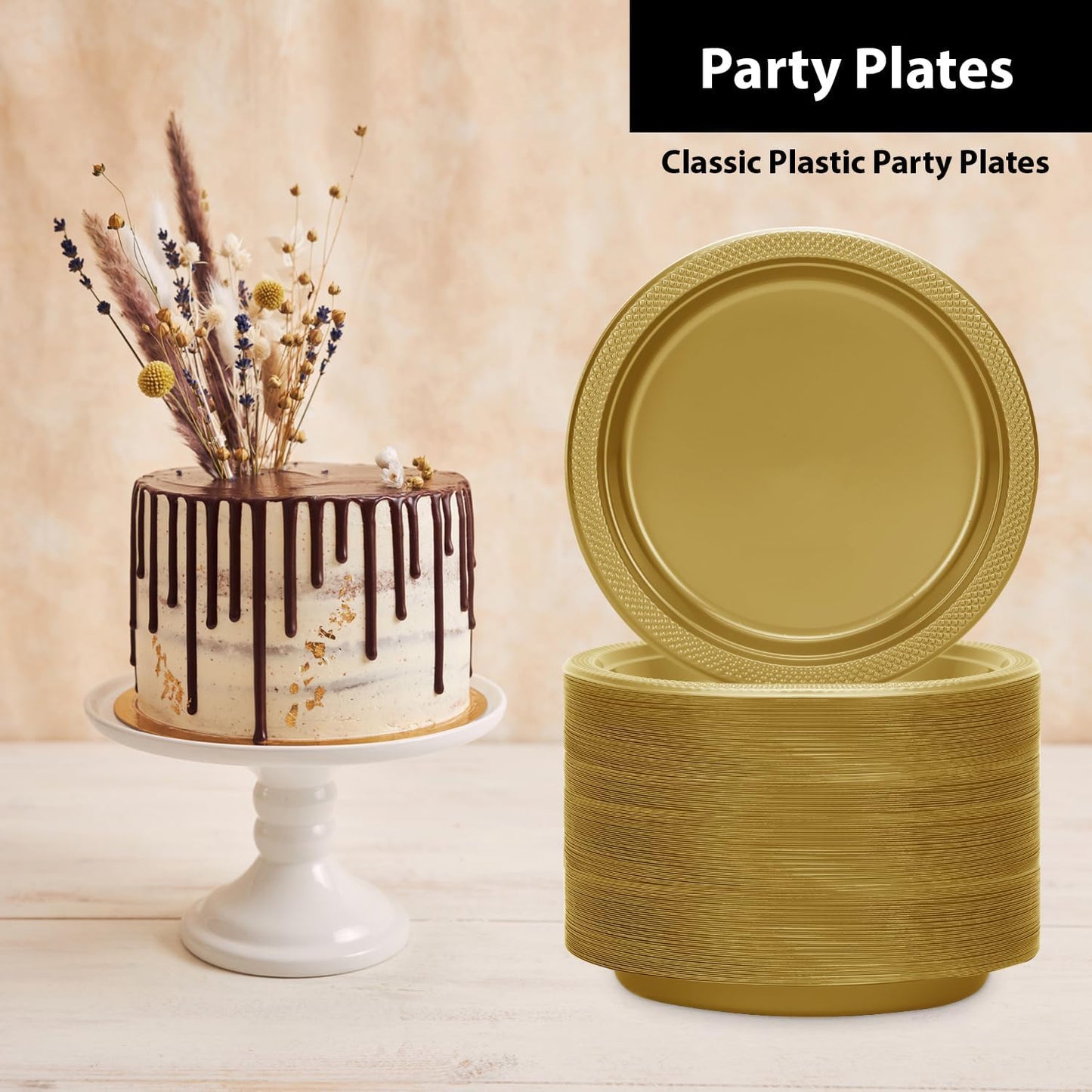Hanna K. Signature Collection Gold Plastic Plates 7 Inch - 600 count Solid Round Party For Weddings, BBQs, Birthday Disposable Dessert (82970 (case))