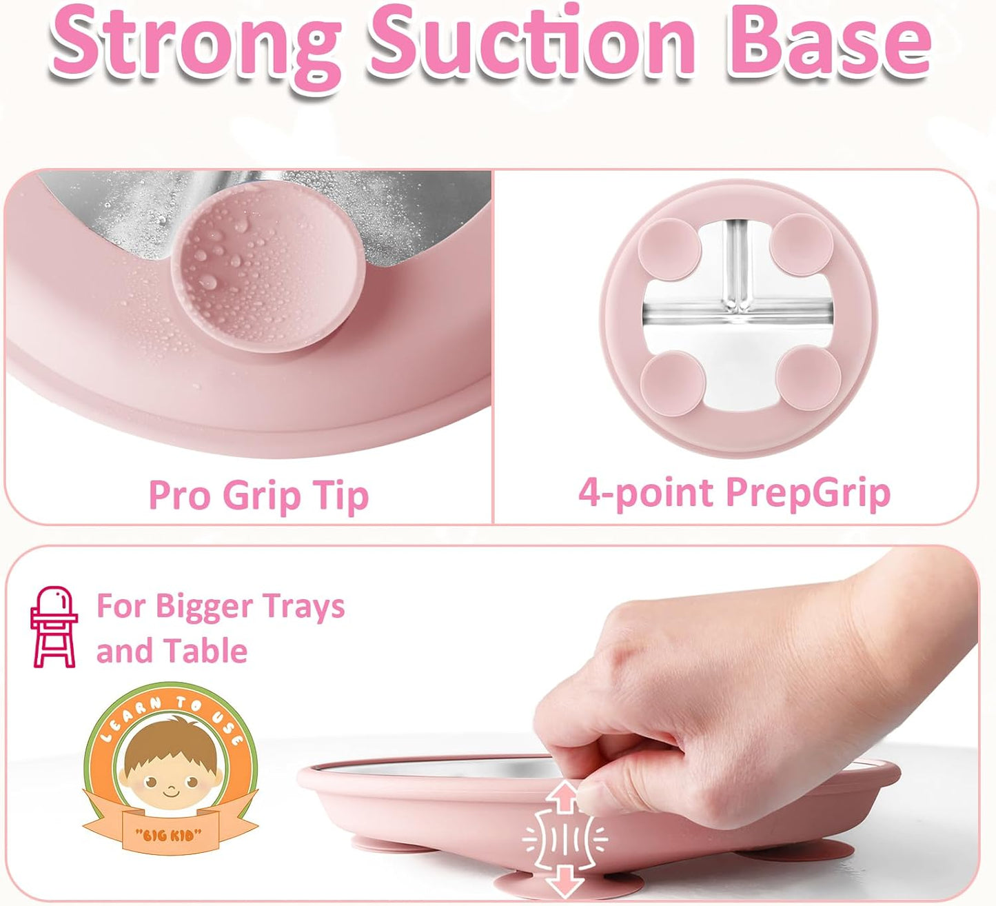 Stainless Steel Suction Plates for Toddlers, 9" Divided Kids Baby Plates with Removable Silicone Suction, Non Toxic Non Slip Portion Control Snack Dishes 4 Packs, Blue Green Gray Pink