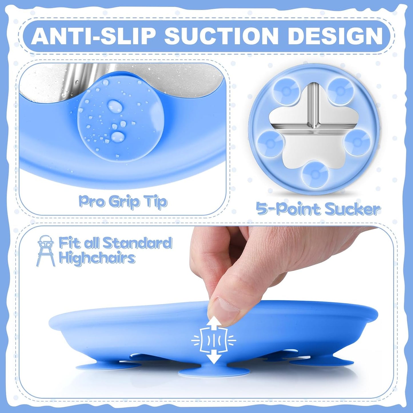 OVV Stainless Steel Kids Plates (2 Pack) 9 Inch Toddler Divided Plates with ﻿Removable Silicone Sleeves & 5 Suction Cups Baby Self Feeding | Mess-Free Mealtime | Dishwasher Safe