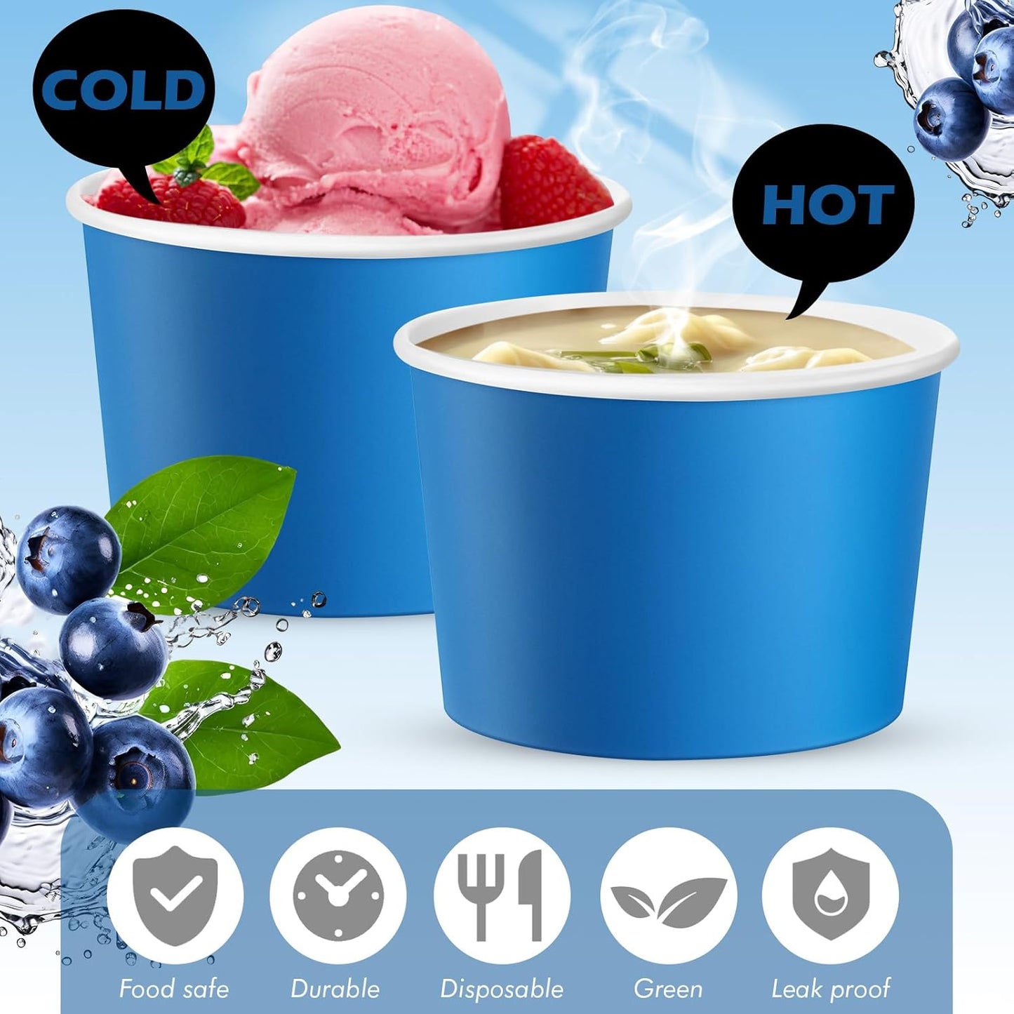 Paper Ice Cream Cups 9oz Colored Disposable Dessert Bowls for Hot or Cold Food Party Cups for Birthday Baby Shower Easter Party Supplies(Blue,60 Pcs)