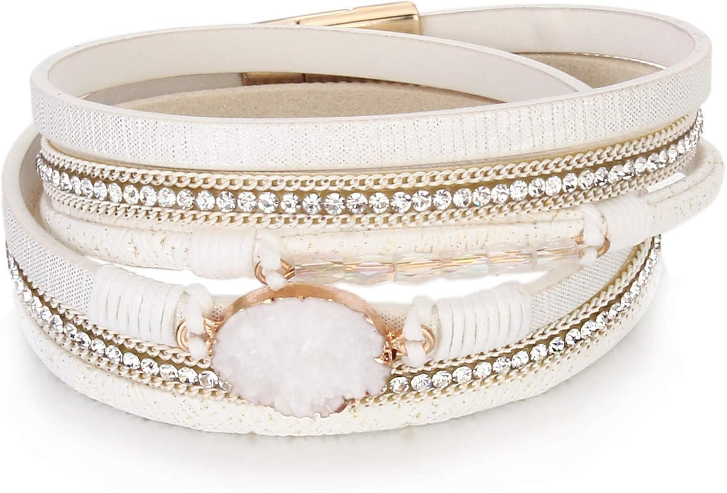 FANCY SHINY Leather Wrap Bracelet Boho Cuff Bangle Bracelets Crystal Bead Bracelet with Magnetic Clasp Jewelry Gifts for Women