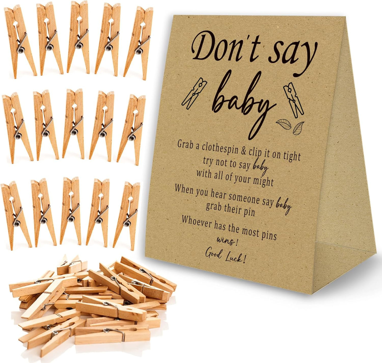 Don't Say Baby Game For Baby Shower Clothespin Game, One 5x7 Kraft Sign And 50 Natural Clothespins, Minimal Style, Gender Neutral -NDSBB02