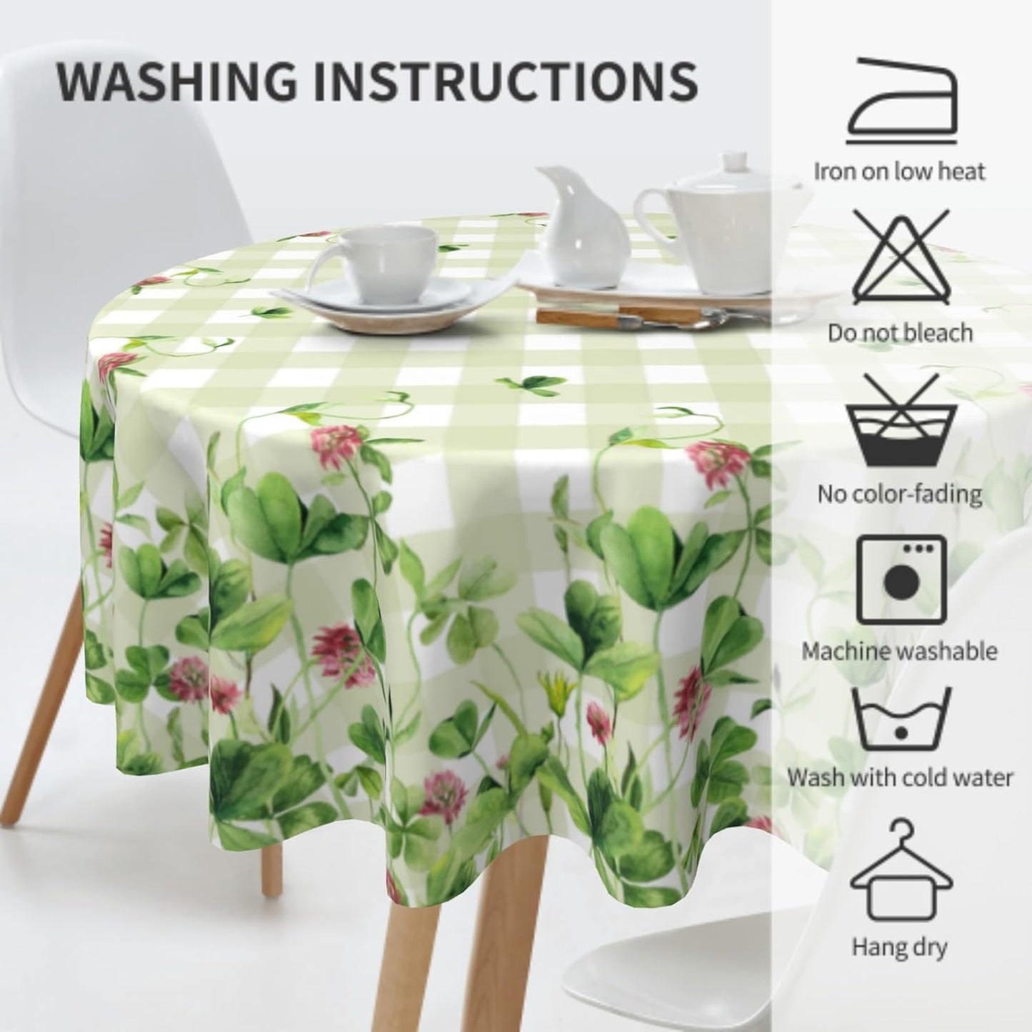Giwawa St Patricks Floral Tablecloth Round 60Inch Watercolor Clover Shamrock Flowers Table Cover with Green Buffalo Plaids Decorative Washable Table Cloth for Kitchen Dining Holiday Party
