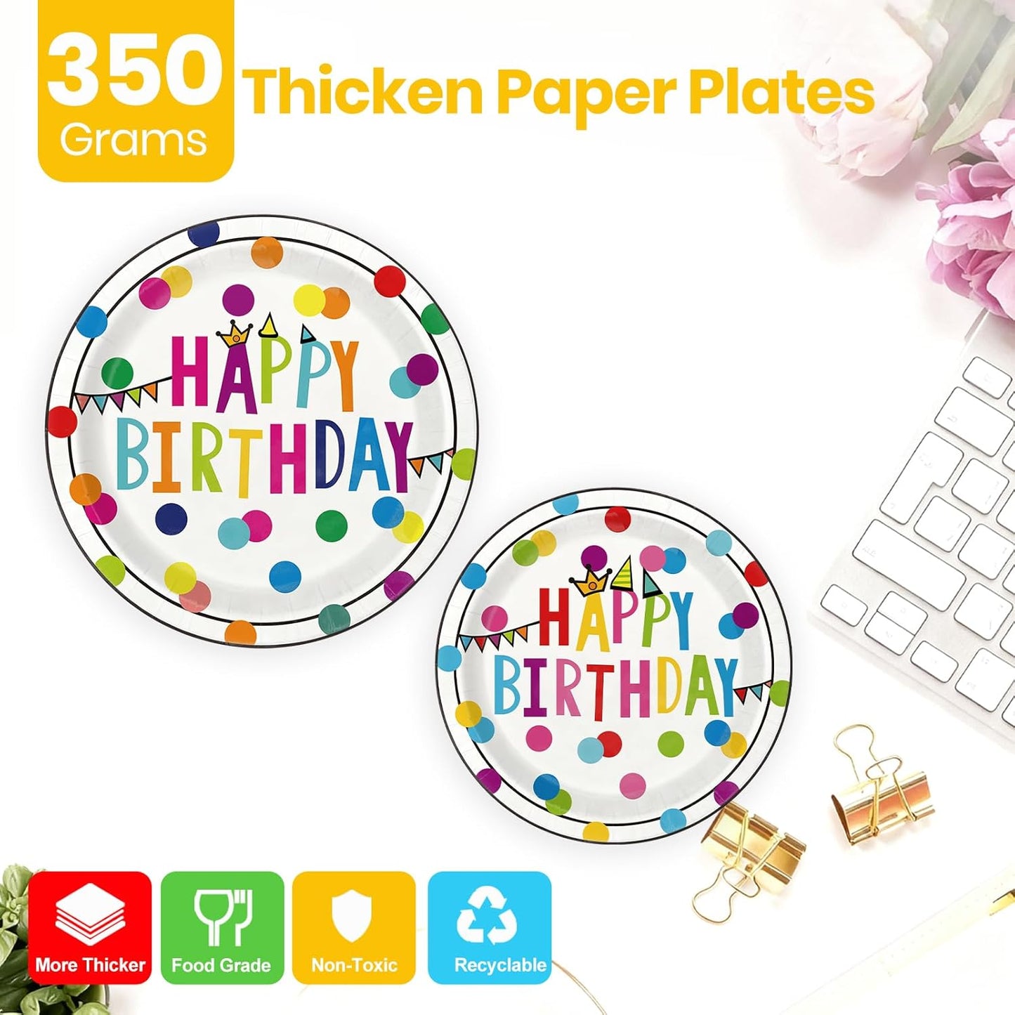 Birthday Plates & Napkins Party supplies - 175Pcs Happy Birthday Paper Plates and Napkins Sets, Disposable Happy Birthday Dots Tableware Set for Boys Girls Party Decorations, Serves 25