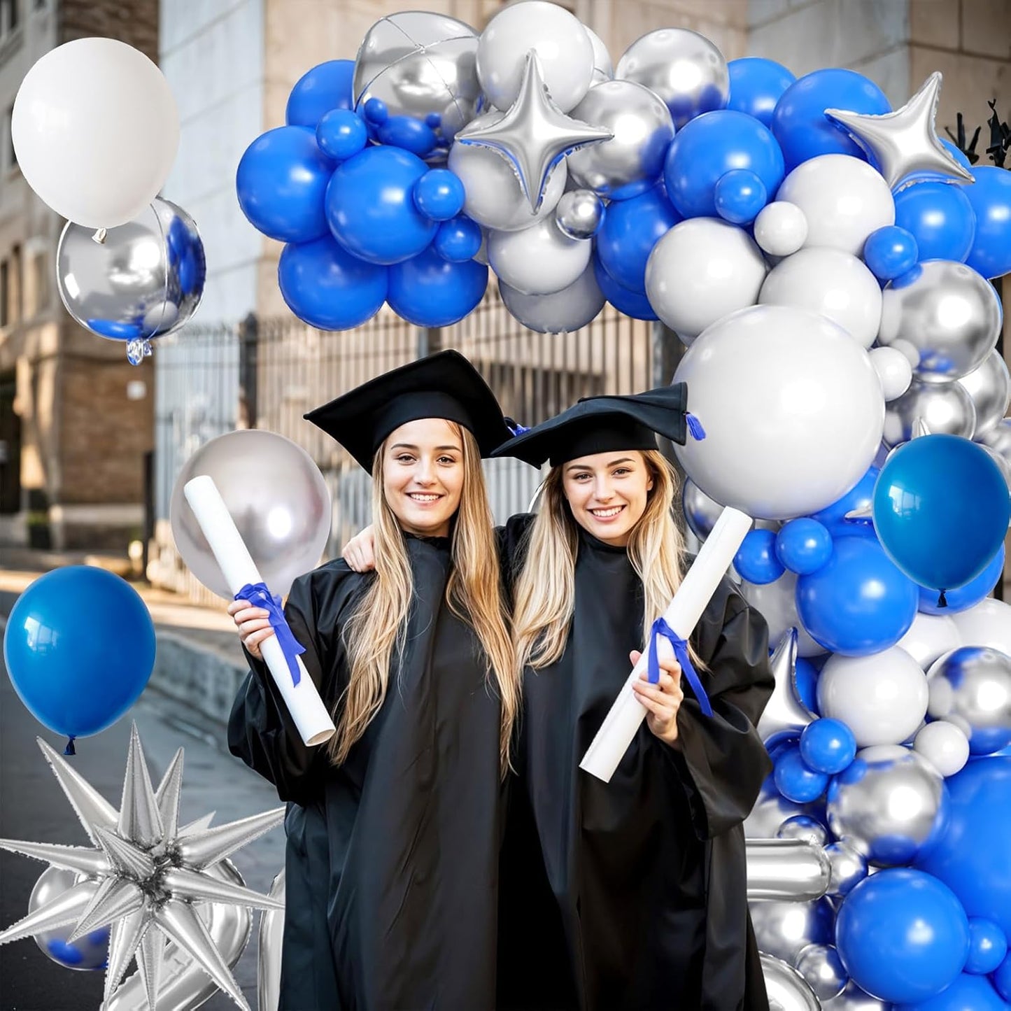 Blue Silver White Balloons Arch Kit with Explosion Star 4D Silver Foil Balloon Royal Blue White Metallic Balloons Garland for Blue 2025 Graduation Decoration Birthday Baby Shower Party
