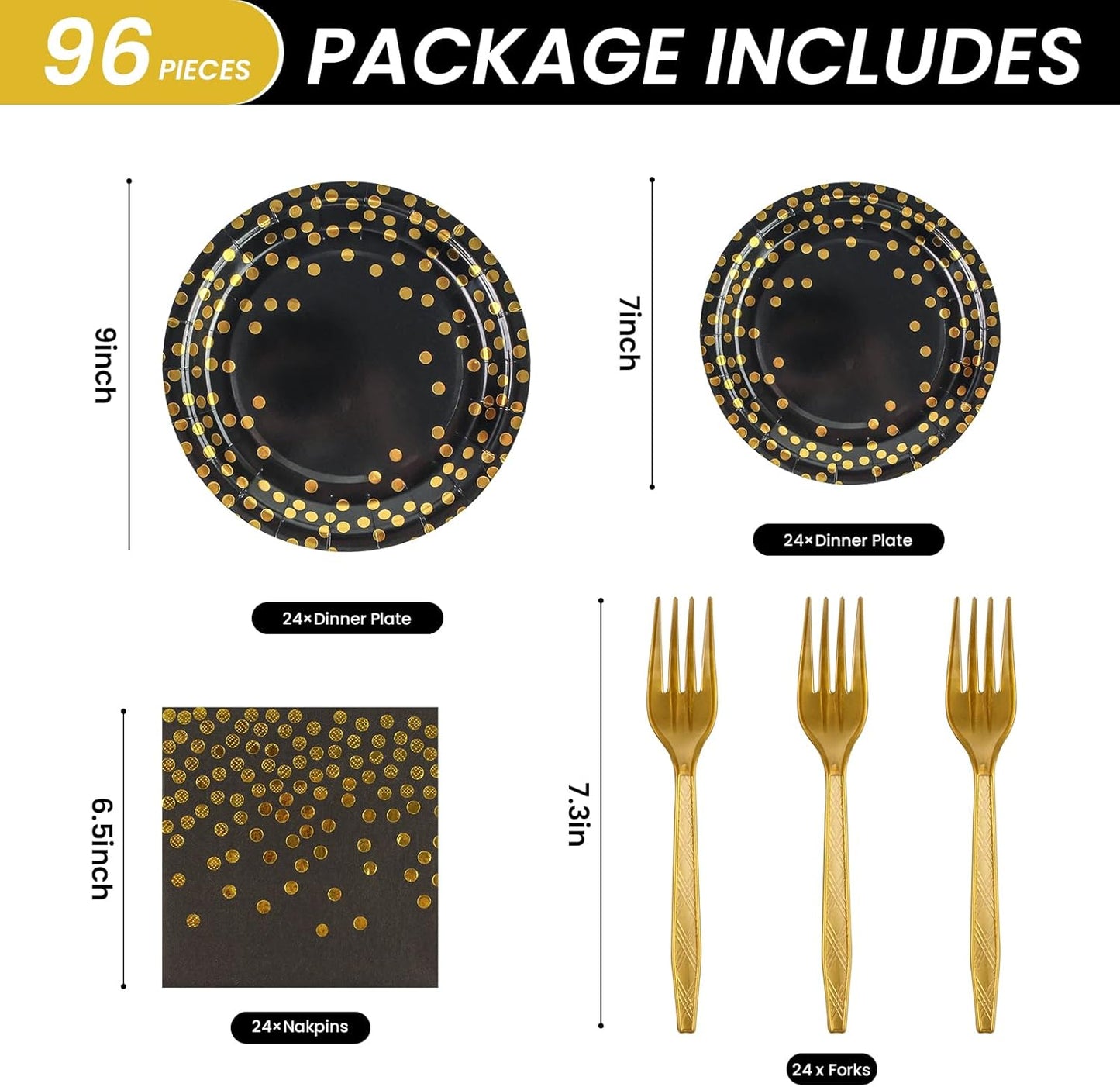 96PCS Black and Gold Plates and Napkins Party Supplies, Gold Dot Disposable Paper Plates and Napkins with Forks Tableware Set for Birthday Wedding Retirement Graduation Party Decorations 24 Guests