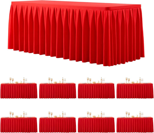 8 Pack Red Rectangle Tablecloth 8 FT Stretch Spandex Fitted Table Cloth for 8 Foot Rectangle Tables Banquet Tablecloths Wrinkle Free Table Cover Skirt Ruffle Tablecloth for Party Wedding Birthday