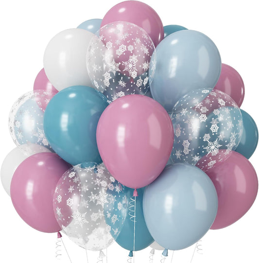 Pink and Blue Balloons, 12 Inch Snowflake Dusty Pink Light Pastel Slate Blue White Latex Balloons for Baby Its Cold Outside Baby Shower Gender Reveal Christmas Winter Wonderland Birthday Party Decor