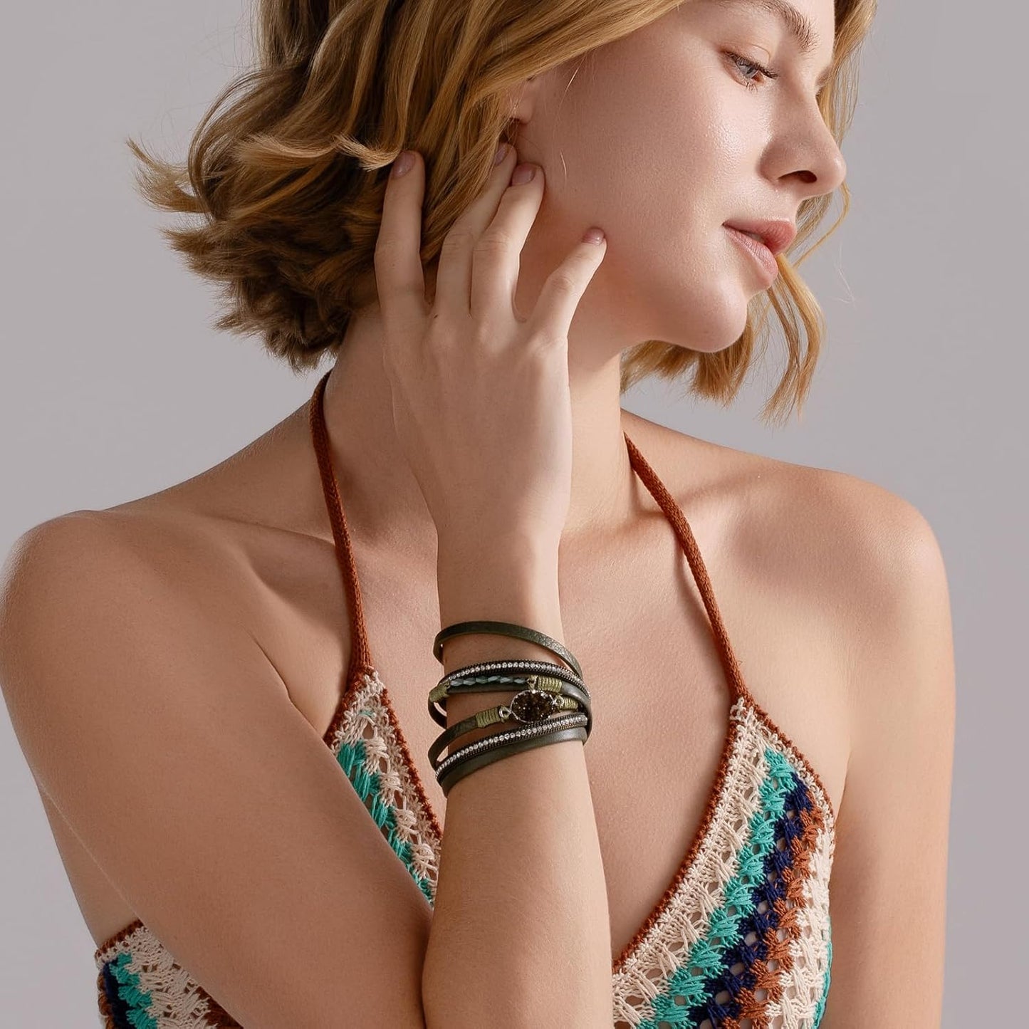 FANCY SHINY Leather Wrap Bracelet Boho Cuff Bangle Bracelets Crystal Bead Bracelet with Magnetic Clasp Jewelry Gifts for Women