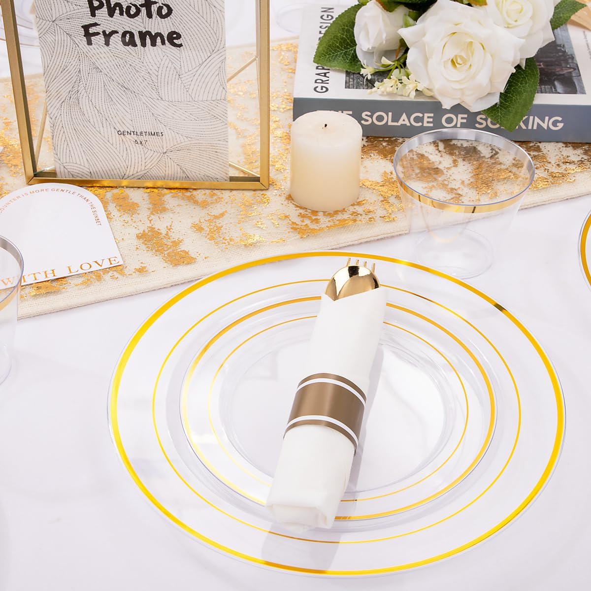 DaYammi 350PCS Clear Gold Plastic Dinnerware Set for 50 Guests, Thanksgiving Plates Disposable, Include: 50 Dinner Plates, 50 Dessert Plates, 50 Pre Rolled Napkins with Gold Silverware, 50 Cups
