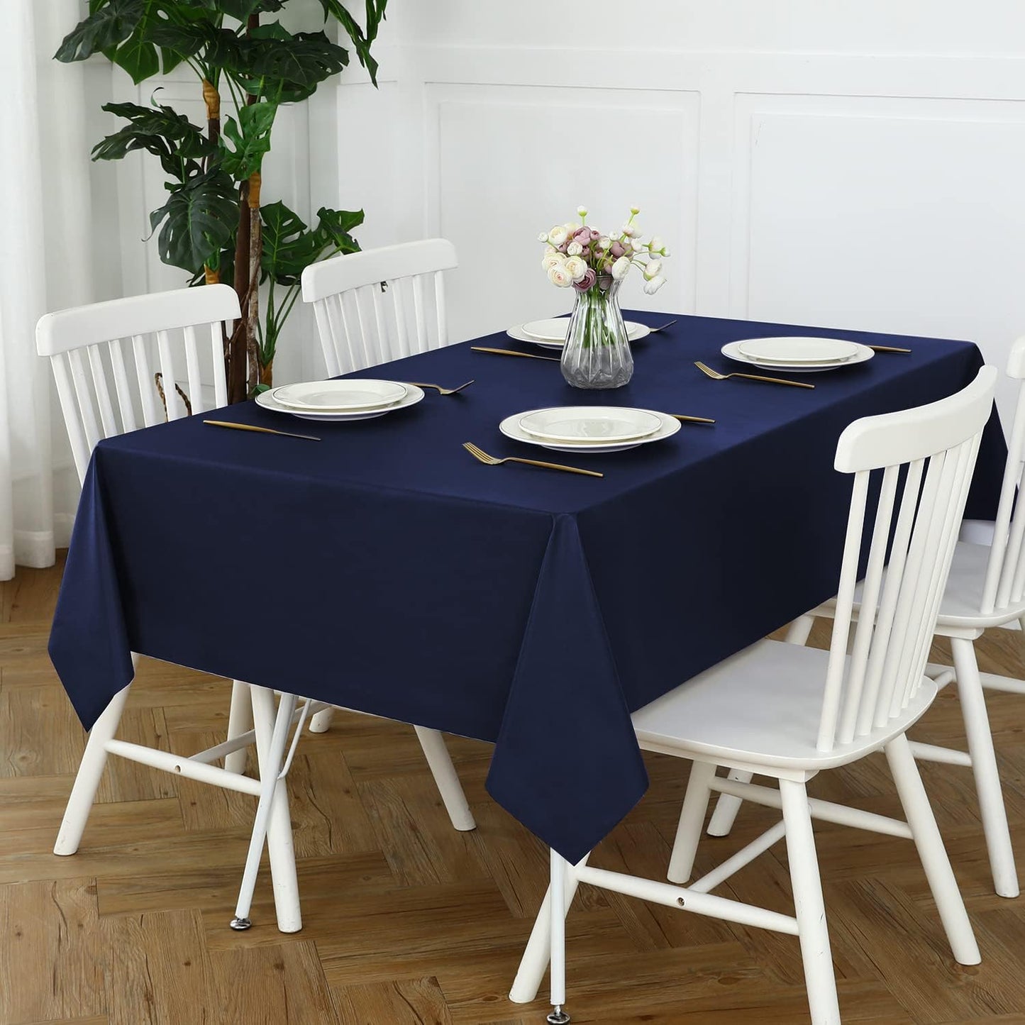 Romanstile 100% Waterproof PVC Tablecloth, Rectangle Oil Spill Proof Stain Resistant Vinyl Table Cloth, Wipe Clean Plastic Table Covers for Kitchen/Dining/Parties - 54 x 78 Inch, Navy Blue