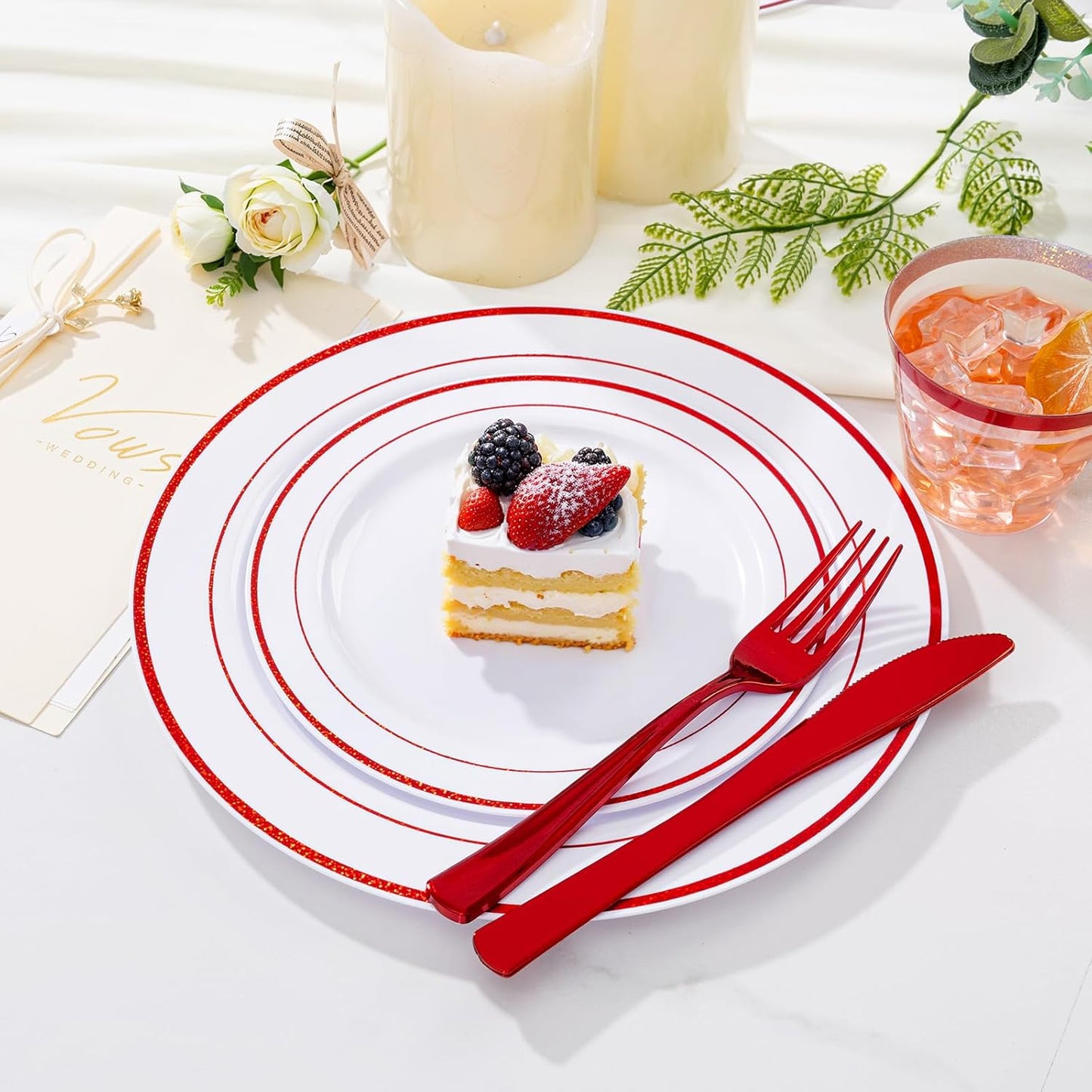 WELLIFE 210 Piece Red Plastic Dinnerware Set, Disposable Plates for Party,Include: 30 Dinner Plates, 30 Dessert Plates, 30 Pre Rolled Napkins with Gold Silverware and 30 Gold Cups