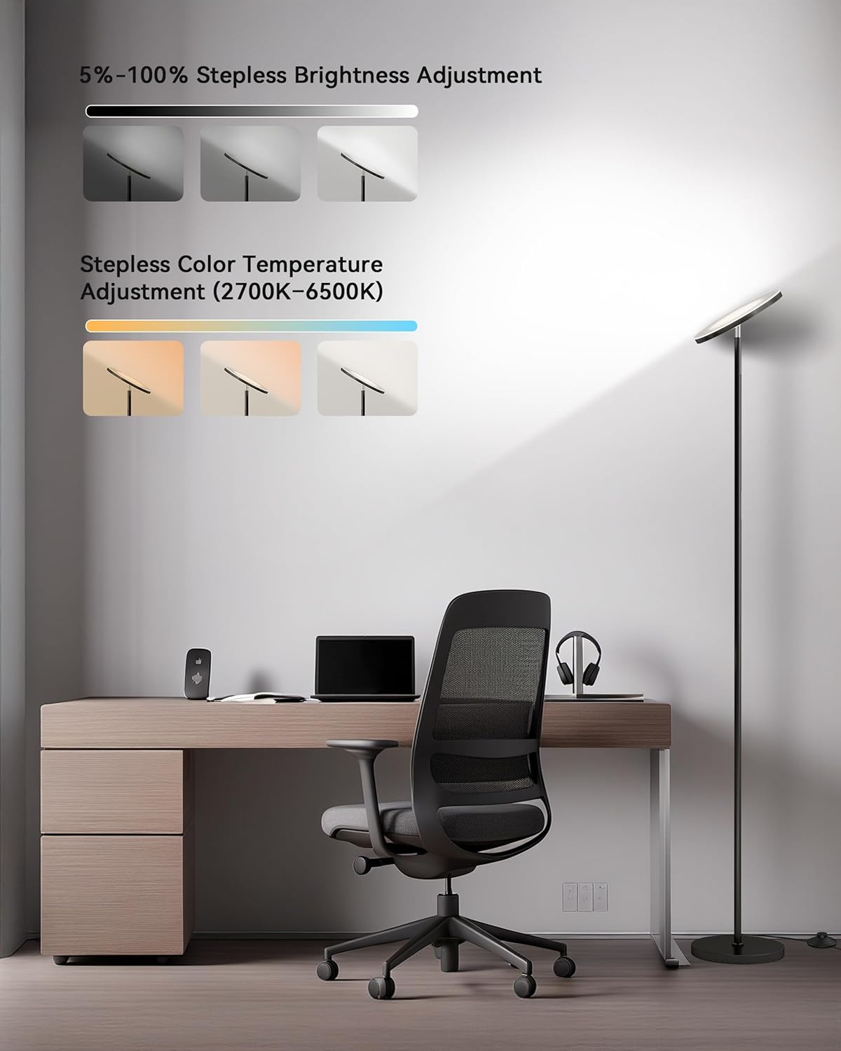 JOOFO LED Floor Lamp – Super Bright Torchiere with Remote & Foot Switch, Stepless Dimmable Tall Standing Lamp, 69" Modern Pole Light for Corner, Living Room, Bedroom, Reading, Office