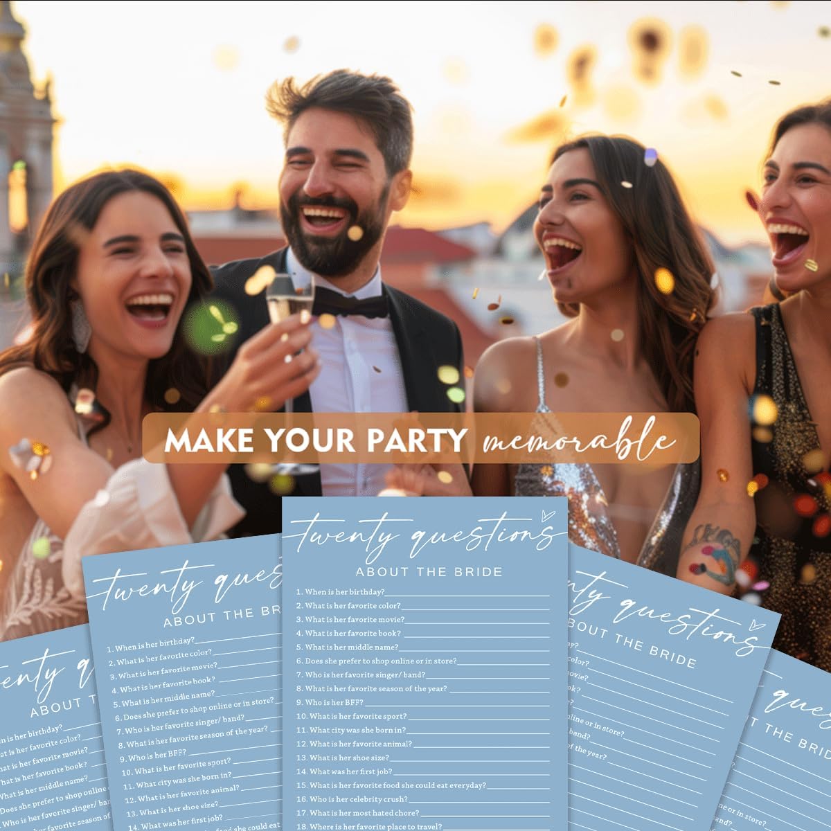 Bridal Shower Games Cards, Twenty Questions About The Bride, Bridal Shower Games 25 Guests, Engagement Party Wedding Games for Guests, Minimalist Blue Wedding Party Supplies - B05