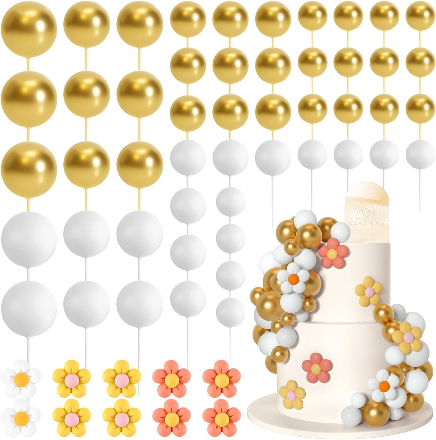 61 Pcs Boho Cake Topper Balls Decorations Mini Balloon Retro Hippie Daisy Flower Acrylic Cake Topper for Birthday Party Wedding Rainbow Baby Shower (White Gold)