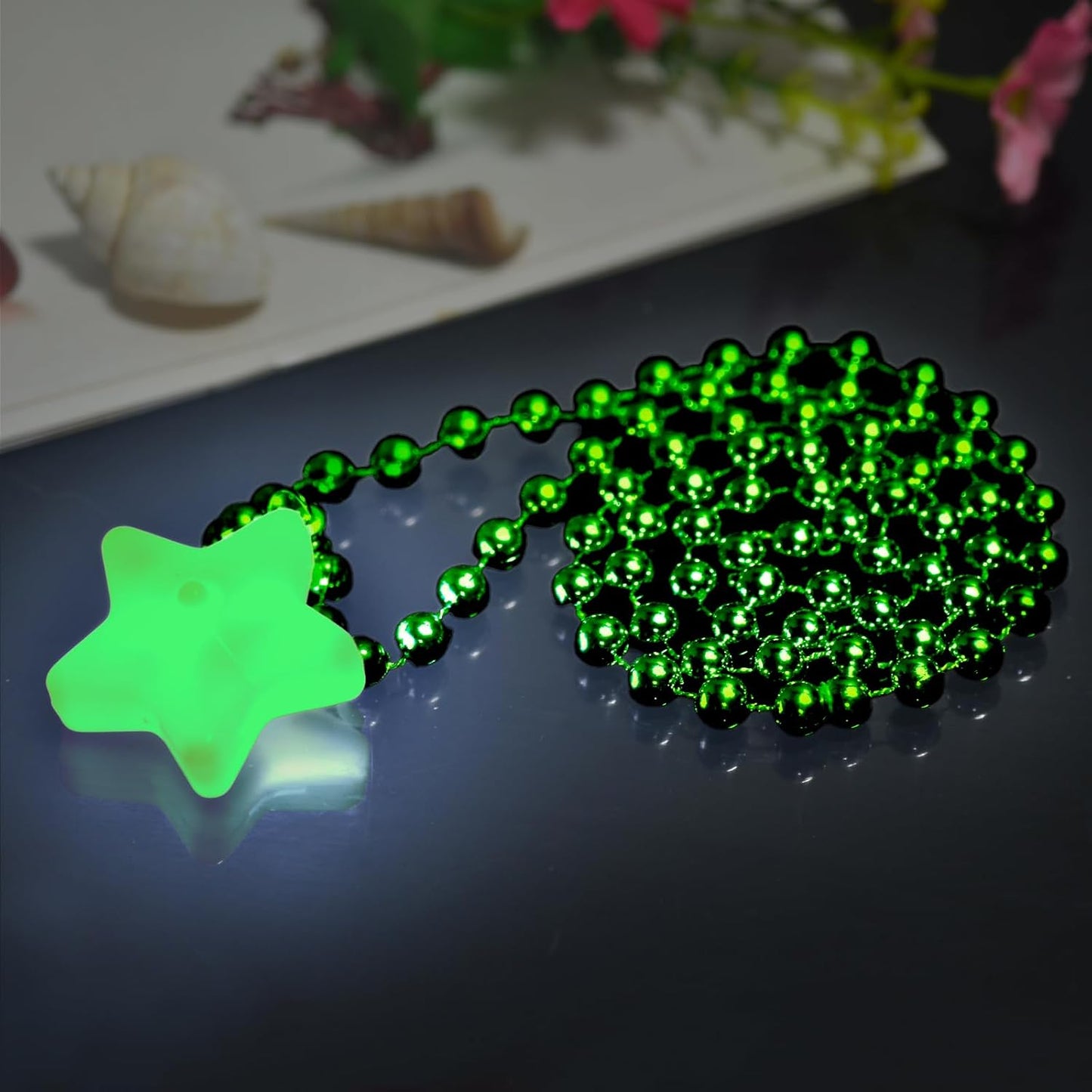 6 Pack Green LED Glow Star Necklace Bulk Beaded Necklaces for Christmas Decorations Mardi Gras Party Favors