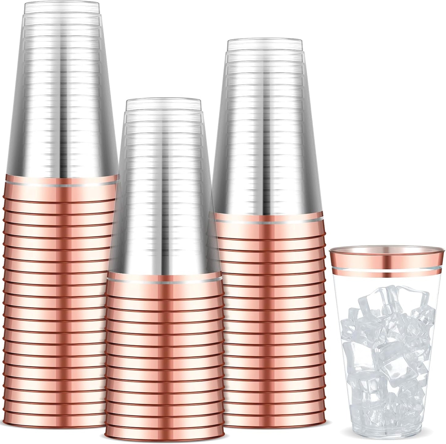 Sliner 50 Pcs Hard Plastic Cups Double Rimmed Plastic Cups Heavy Duty Fancy Disposable Wine Glasses for Holiday Wedding Graduation Birthdays Christmas Valentine Parties(14 Oz,Rose Gold)