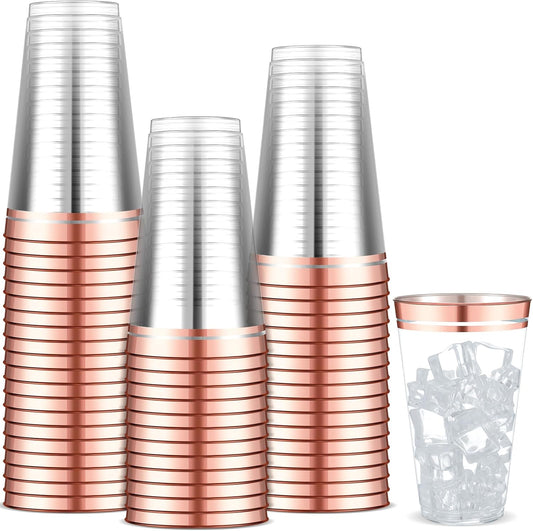 Sliner 50 Pcs Hard Plastic Cups Double Rimmed Plastic Cups Heavy Duty Fancy Disposable Wine Glasses for Holiday Wedding Graduation Birthdays Christmas Valentine Parties(14 Oz,Rose Gold)