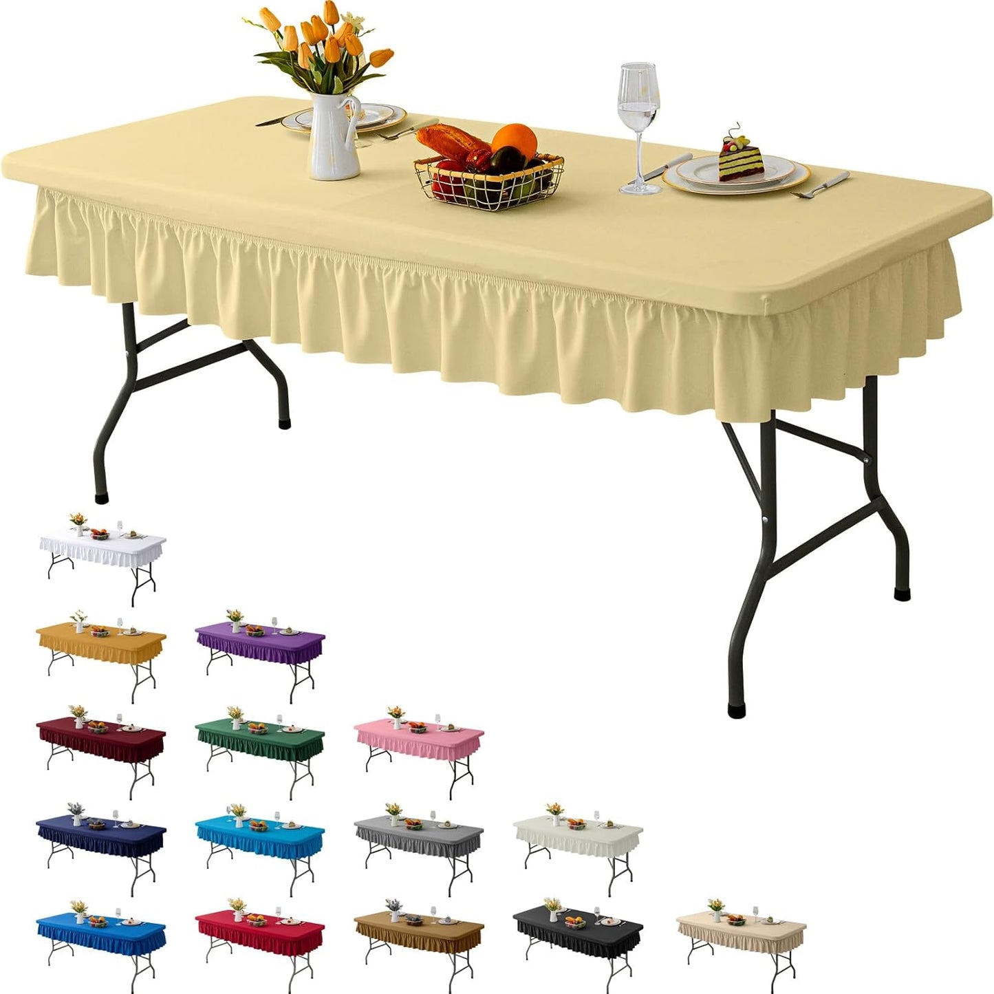8ft Faint Yellow Stretch Tablecloth for Rectangular Tables - Flared Wrap Design, Waterproof, Wrinkle-Resistant, Washable - Ideal for Weddings, Parties, Banquets & Table Protection