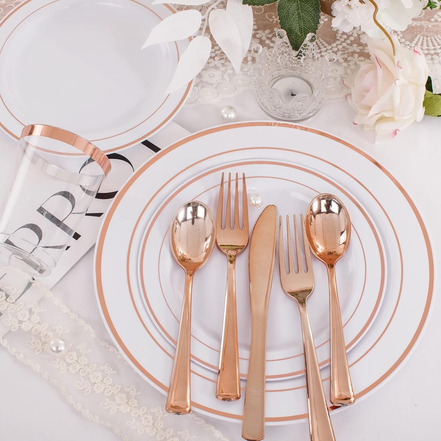 WELLIFE 150 Pcs Rose Gold Plastic Plates with Disposable Rose Gold Cutlery, Includes: 25 Dinner Plate 10.25", 25 Dessert Plates 7.5", 25 Cups 9OZ and 25 Silverware for Wedding