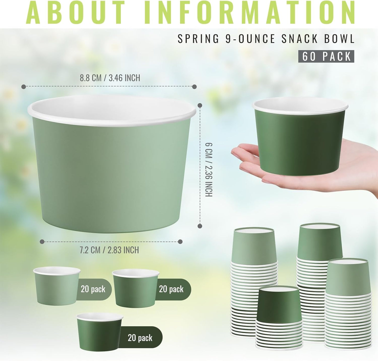 Paper Ice Cream Cups 9oz Colored Disposable Dessert Bowls for Hot or Cold Food Party Cups for Birthday Baby Shower Easter Party Supplies(Sage Green,60 Pcs)