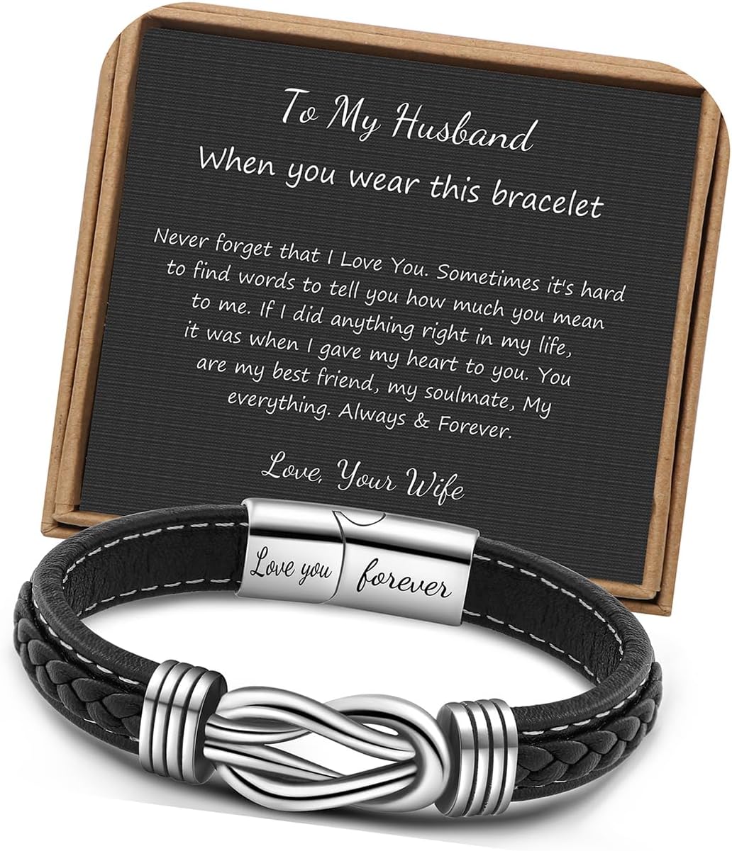 𝗞𝗻𝗼𝘁 𝗕𝗿𝗮𝗰𝗲𝗹𝗲𝘁 𝗚𝗶𝗳𝘁𝘀 𝗳𝗼𝗿 𝗠𝗲𝗻 Brown Braided Leather Stainless Steel Infinity Bracelets Lettering Love You Forever Gifts for Son Grandson Husband Boyfriend Brother Always Linked Together