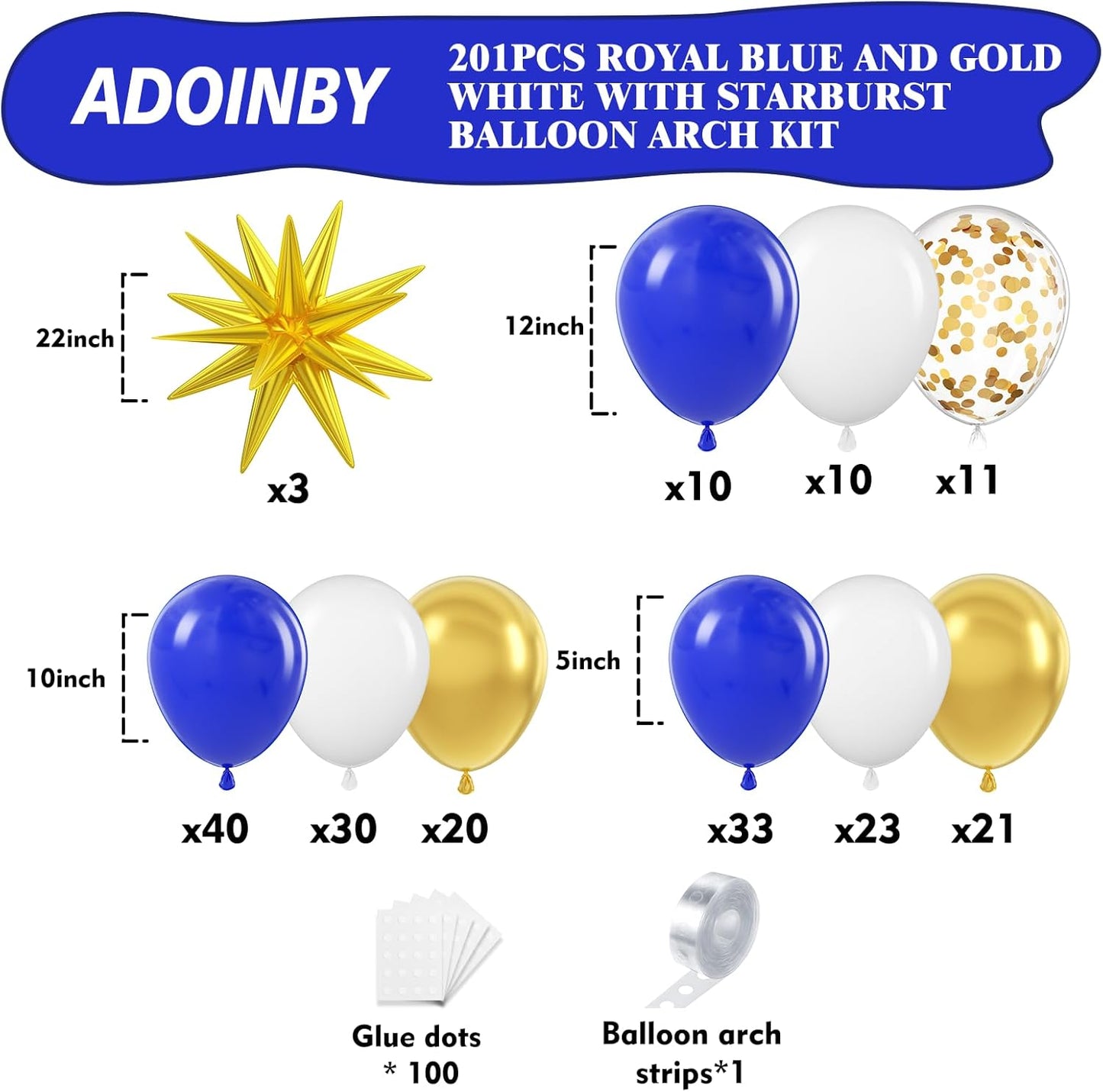 201Pcs Royal Blue and Gold Balloon Arch Kit, Explosion Star Blue Gold and White Confetti Balloon Garland kit, Different Size Balloons for Birthday Anniversary Wedding New Year Party Decoration