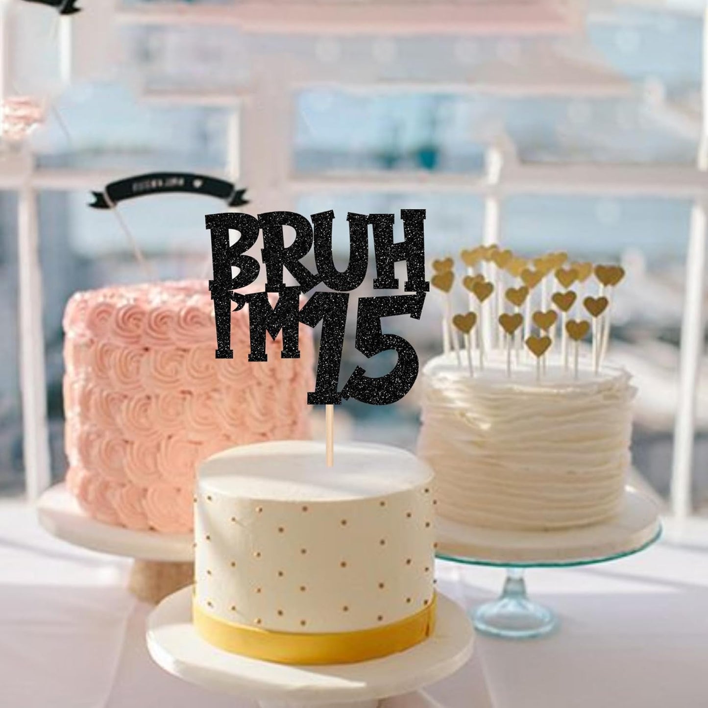 1 PCS Bruh I'm 15 Cake Topper Black Glitter Happy 15th Birthday Cake Pick Bro I'm 15 It's My 15th Birthday Cake Decoration for Cheers to 15 Years Birthday Party Decorations Supplies