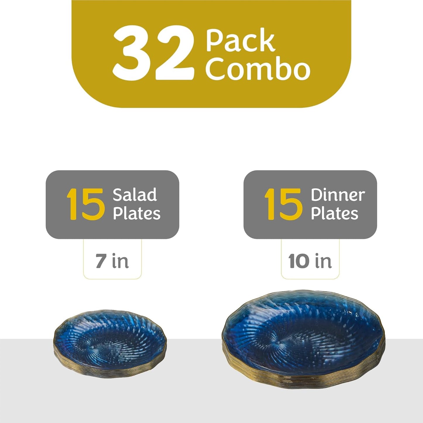 PLASTICPRO 60 Pack Plastic Plates Set of 30-10 inch Plates and 30-7 inch Plate, Elegant Clear Blue Spiral and Gold Rim Disposable Fancy Plate Premium Heavyweight