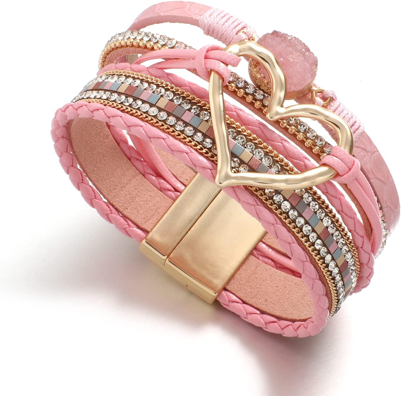 Leather Wrap Bracelet for Women Beaded Cuff Bracelet with Heart-shape Decor Bohemian Crystal Bracelet Jewelry with Clasp Bangle Bracelet for Women Girls Birthday Holiday Gift