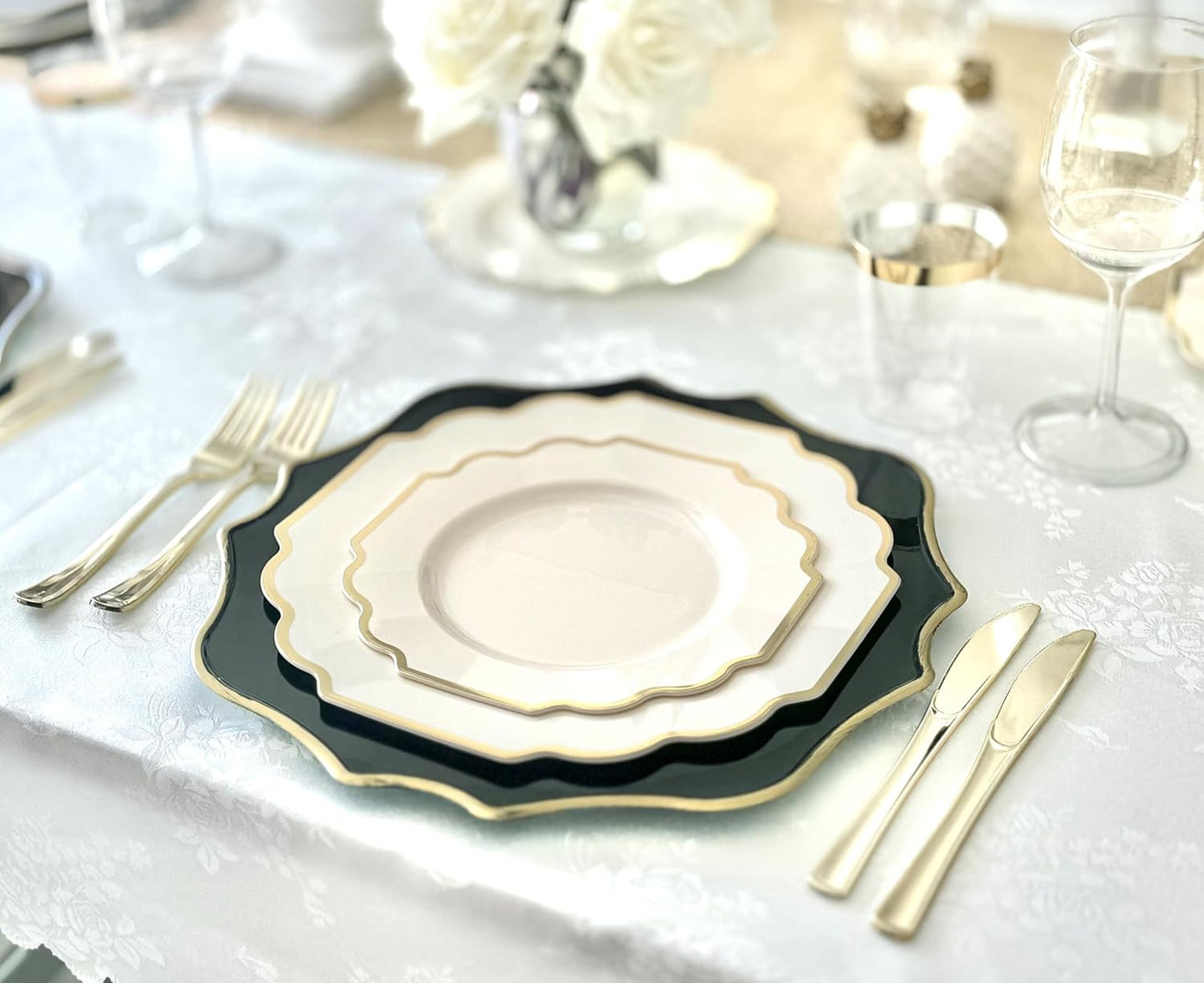 " OCCASIONS " 50 Plates Pack (25 Guests)-Heavyweight Wedding Party Disposable Plastic Plate Set -(25x10.5'' Dinner + 25x8'' Salad/Dessert) (Imperial Ivory & Gold)