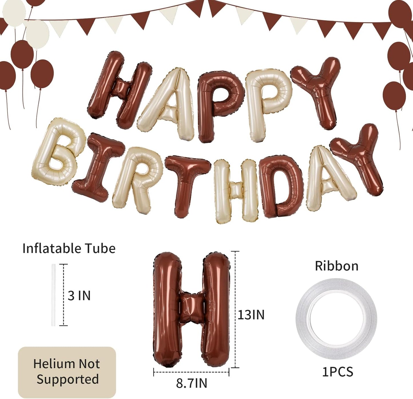 Beige Brown Happy Birthday Balloon Banner, 16 Inch Foil Mylar Cream Brown Happy Birthday Balloons Letters, Off White Birthday Sign, Neutral Tan Birthday Decorations