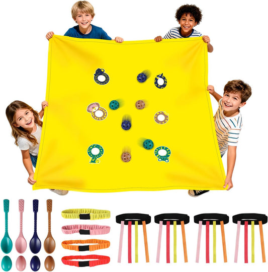 4-in-1 Outdoor Kids Party Games Set – Includes Hole Tarp Ball Game, Egg Spoon Race Game, 3 Legged Race Bands & Tail Tag Belts – Fun Team Building Backyard Carnival Birthday Games for Ages 5-12