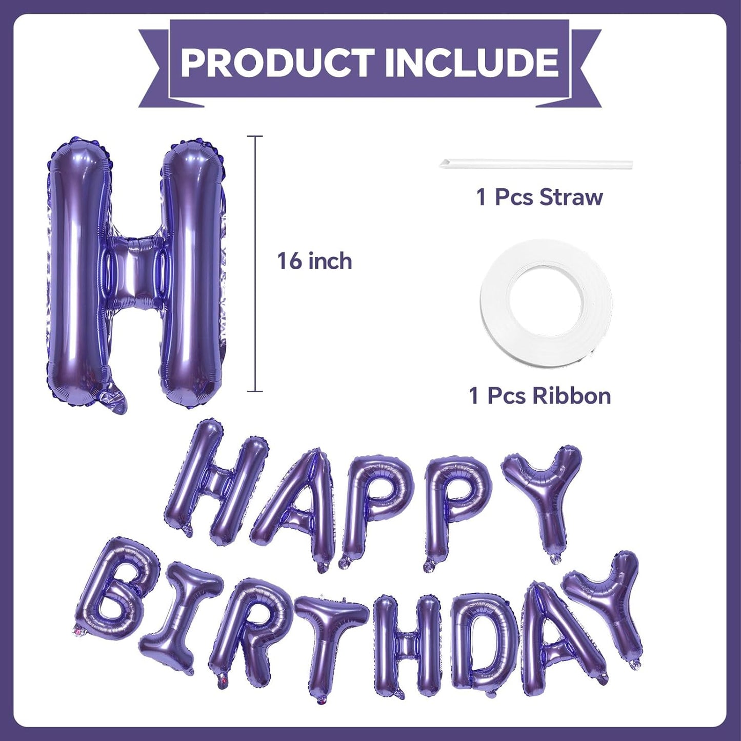 KALOR Pruple Happy Birthday Balloons Banner, 16 Inch Mylar Foil Letters Balloon Sign for Women, Men, Boys & Girls Kids Birthday Decorations Photo Backdrop
