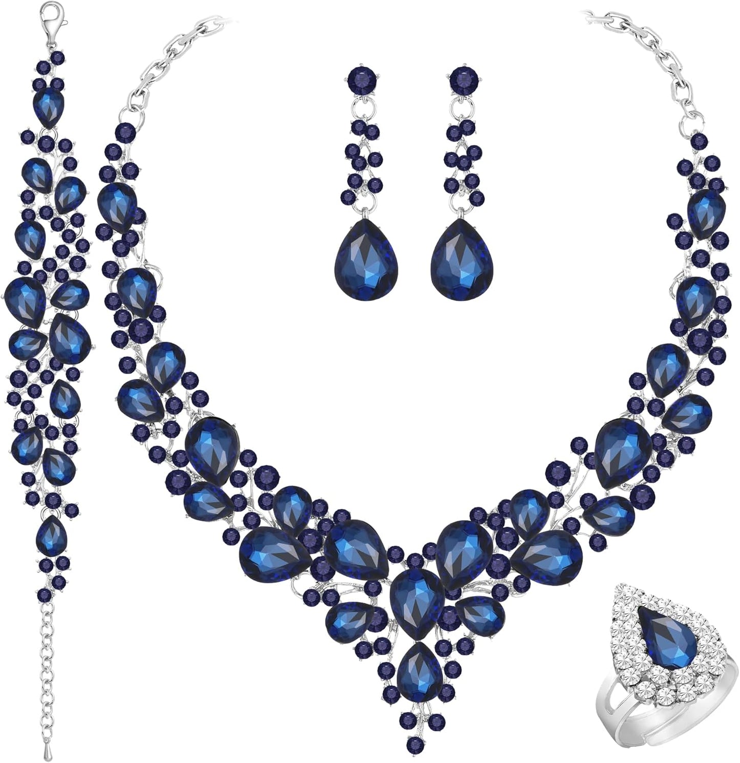 Crystal Bridal Wedding Jewelry Sets for Women Rhinestone Teardrop Crystal Statement Choker Necklace Drop Earrings Link Bracelets Rings Teardrop Jewelry Set for Brides Bridesmaids