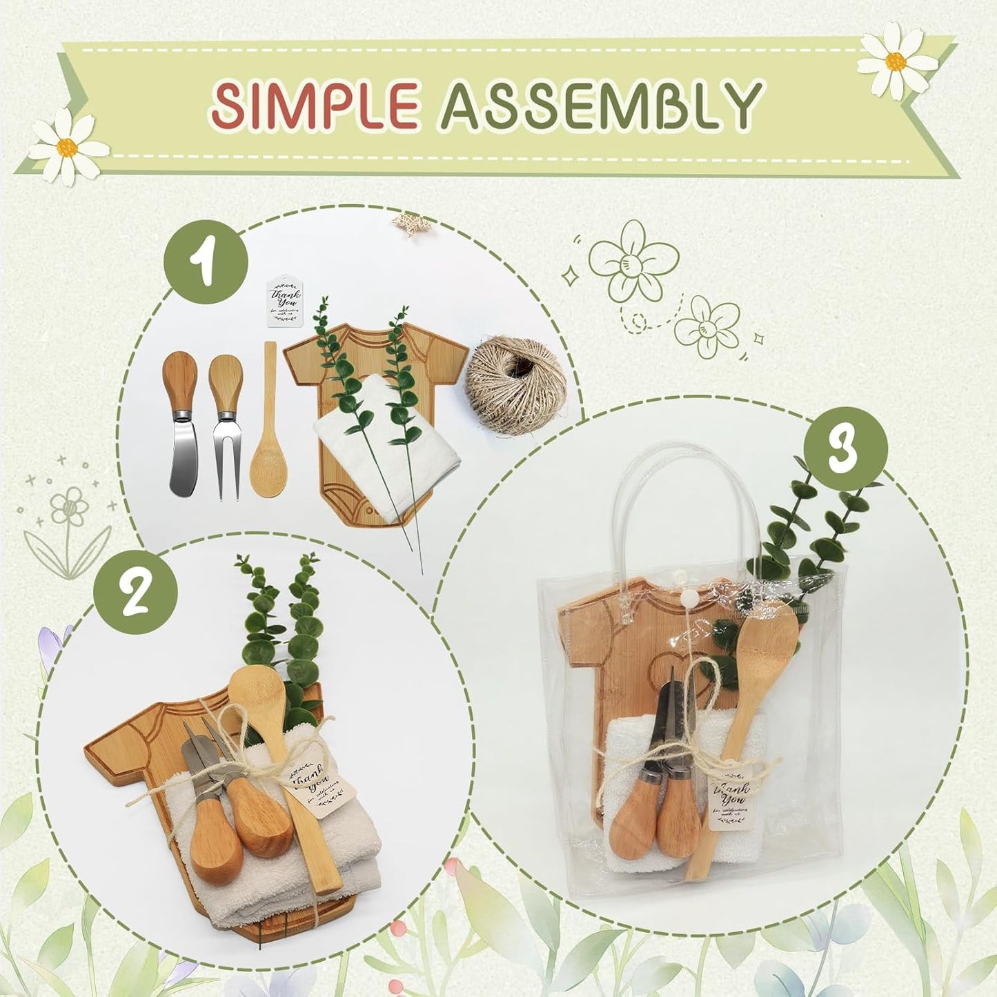 AZEAM 55Pcs Baby Shower Prizes for Game Winners, Bridal Shower Prizes with 6 Sets Clothes Cheese Board Spoon Fork Butter Knife Towel Card Plastic Bag Branch, Wedding Shower Favors for Guests