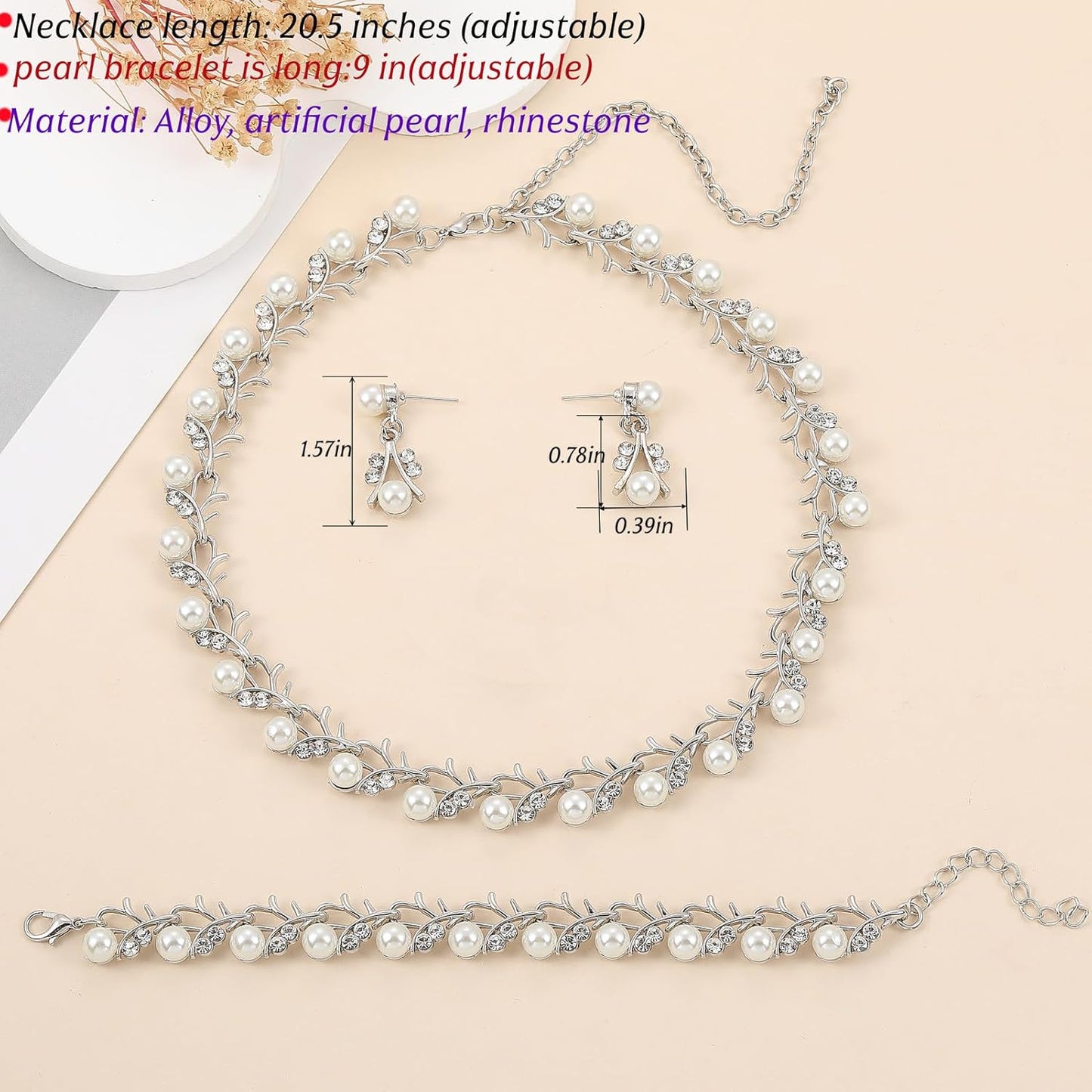 la luen Pearl Bride Wedding Jewelry Set Faux Pearls Crystal Rhinestone Necklace Earrings Bracelet Sets for Women Bridesmaid(3 PCS)